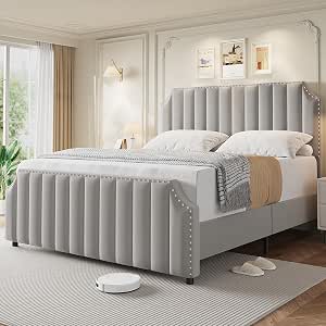 IDEALHOUSE King Size Bed Frame with Tall Headboard and Footboard, Grey