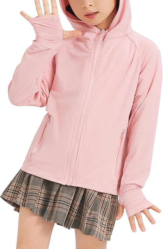 Kids Zip-Up Hoodie Girls Boys UPF50+ Sun Protection Shirts Hiking Running Athletic Shirt Size 4-14 Years