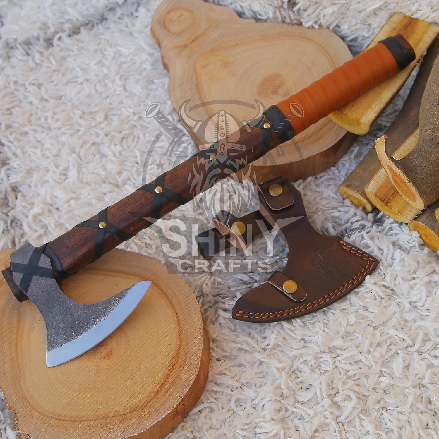 SHINY CRAFTS® Handcrafted Viking Axe – Engraved Nordic Blade with Wooden Handle Unique Gift for Men, Collectors, Cosplay, and Medieval Decor (Brown-SCA-15)