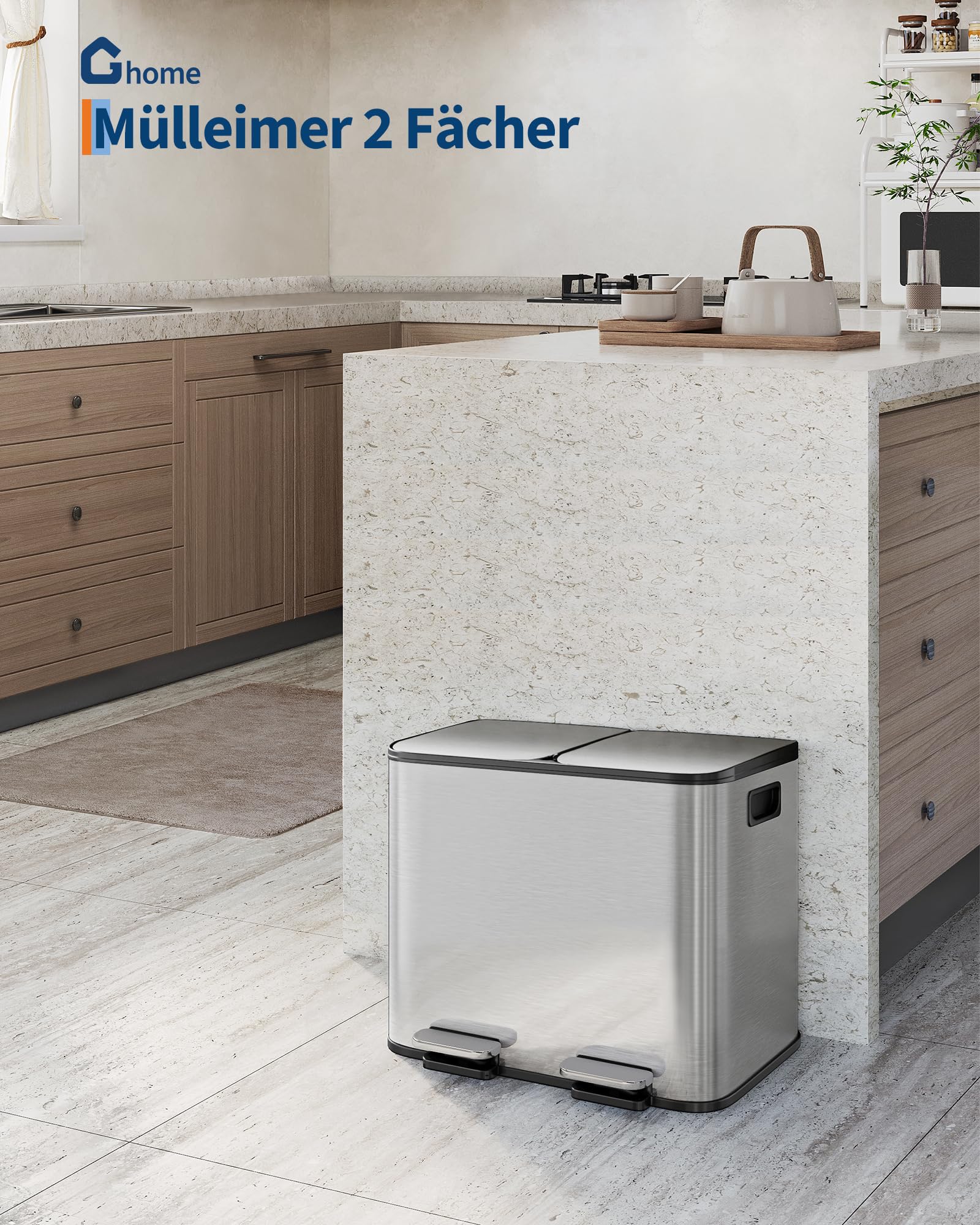Mülleimer Küche 2 x 15 L aus Edelstahl, 2 Fächer Treteimer mit | Softclose-Deckel, Abfalleimer mit Rutschfeste Füße und Pedalen, Mülltrennsystem, Leichte Reinigung und Platzsparend