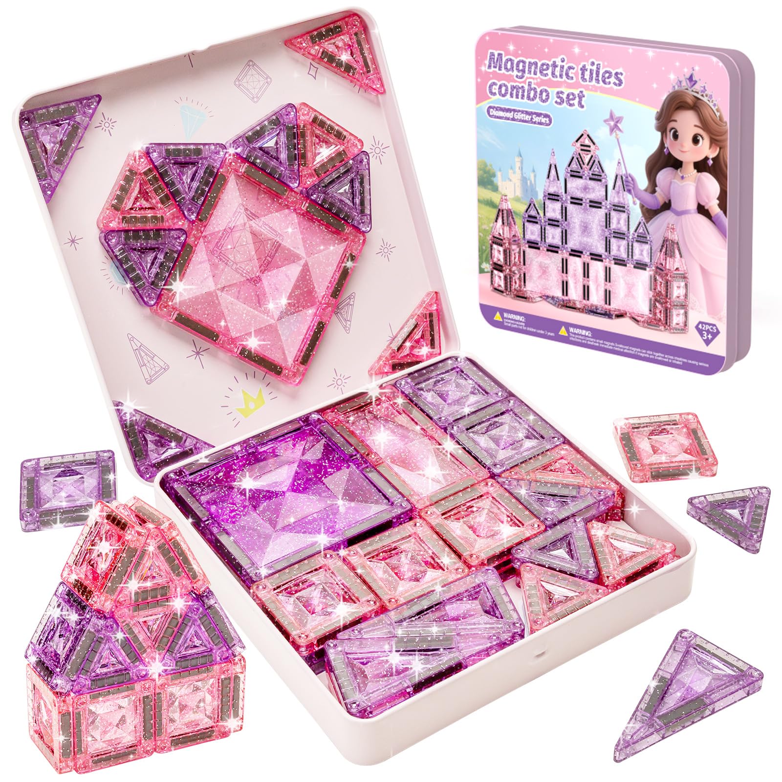 Magnetische Bausteine Reisespielzeug für Mädchen: 42 Teile Glitzer Diamant Magnetische Tiles in Metallbox für Auto, Flugzeug & Zug – 90 Minuten Beschäftigung, 45s Aufräumen – Geschenk ab 3-6 Jahren