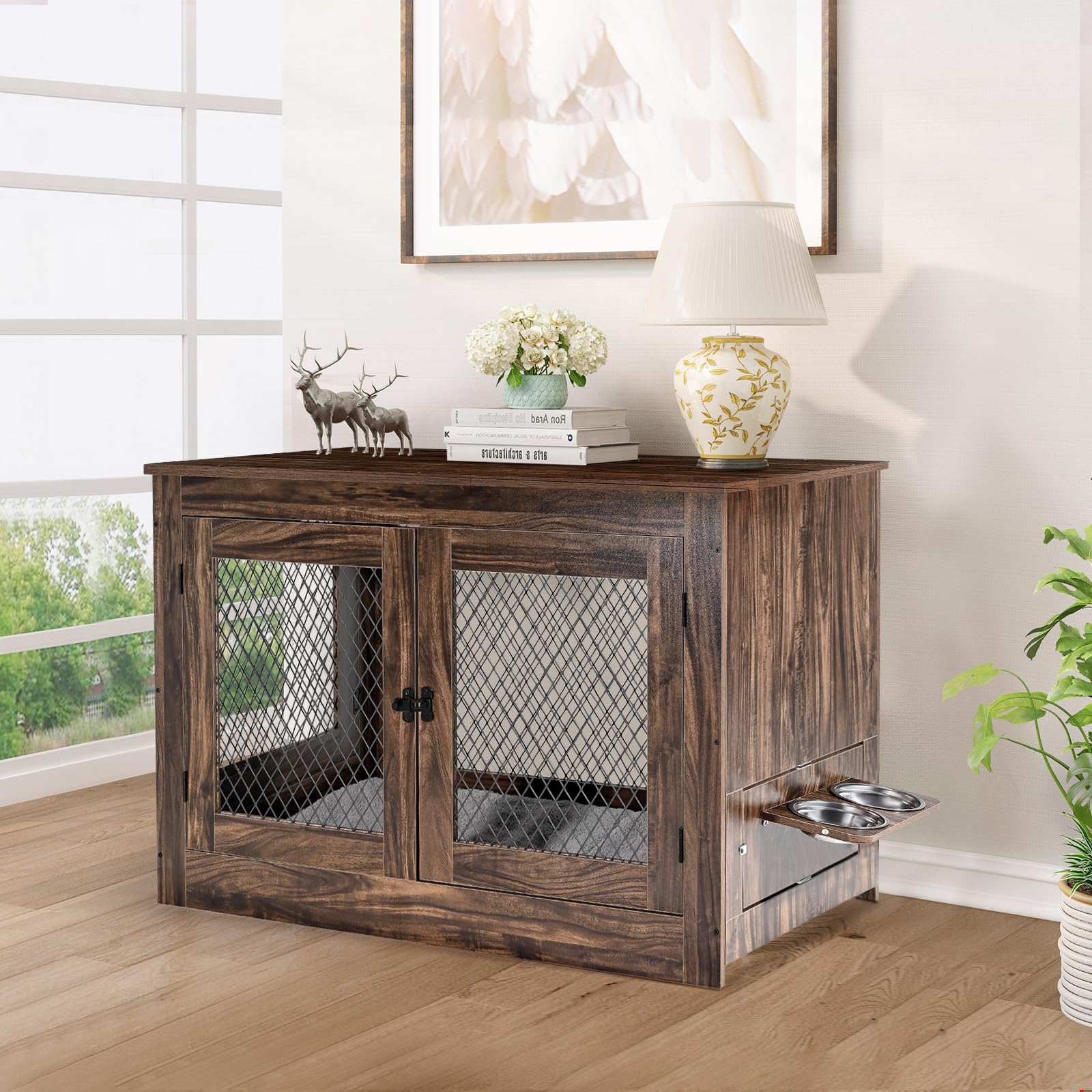 Homiesetify Dog Crate Furniture with 360°Rotatable Removable Dog Bowls, 41in Wooden Dog Kennel End Table with Cushion &Tray and Double Doors, Pet Crate House Indoor Use for Medium Large Dogs (Brown)