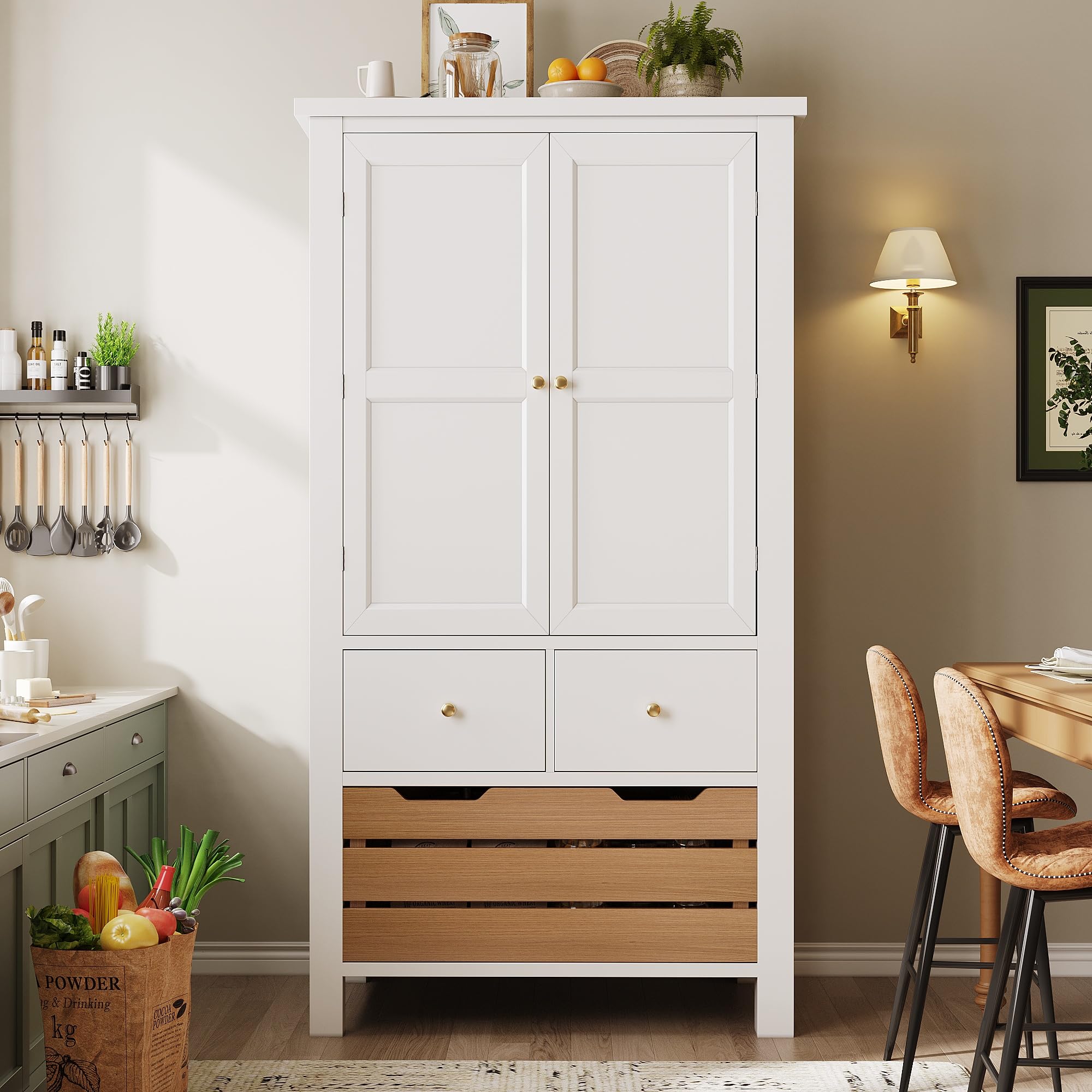 Kebnor Küchenschrank (80x40x140cm), hohes Küchenbuffet, Mehrzweckbuffet, Snackschrank, Aufbewahrungsmöbel mit Zwei Türen und fünf Schubladen (weiß)