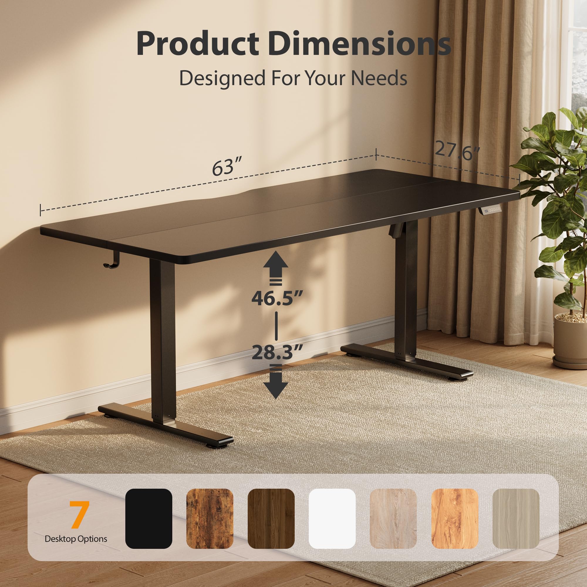 Cubiker Standing Desk, 63x28 Inches Sit Stand Home Office Desk, Electric Stand up Desk, Adjustable Desk with Splice Board, Black Frame/Black Top view 2