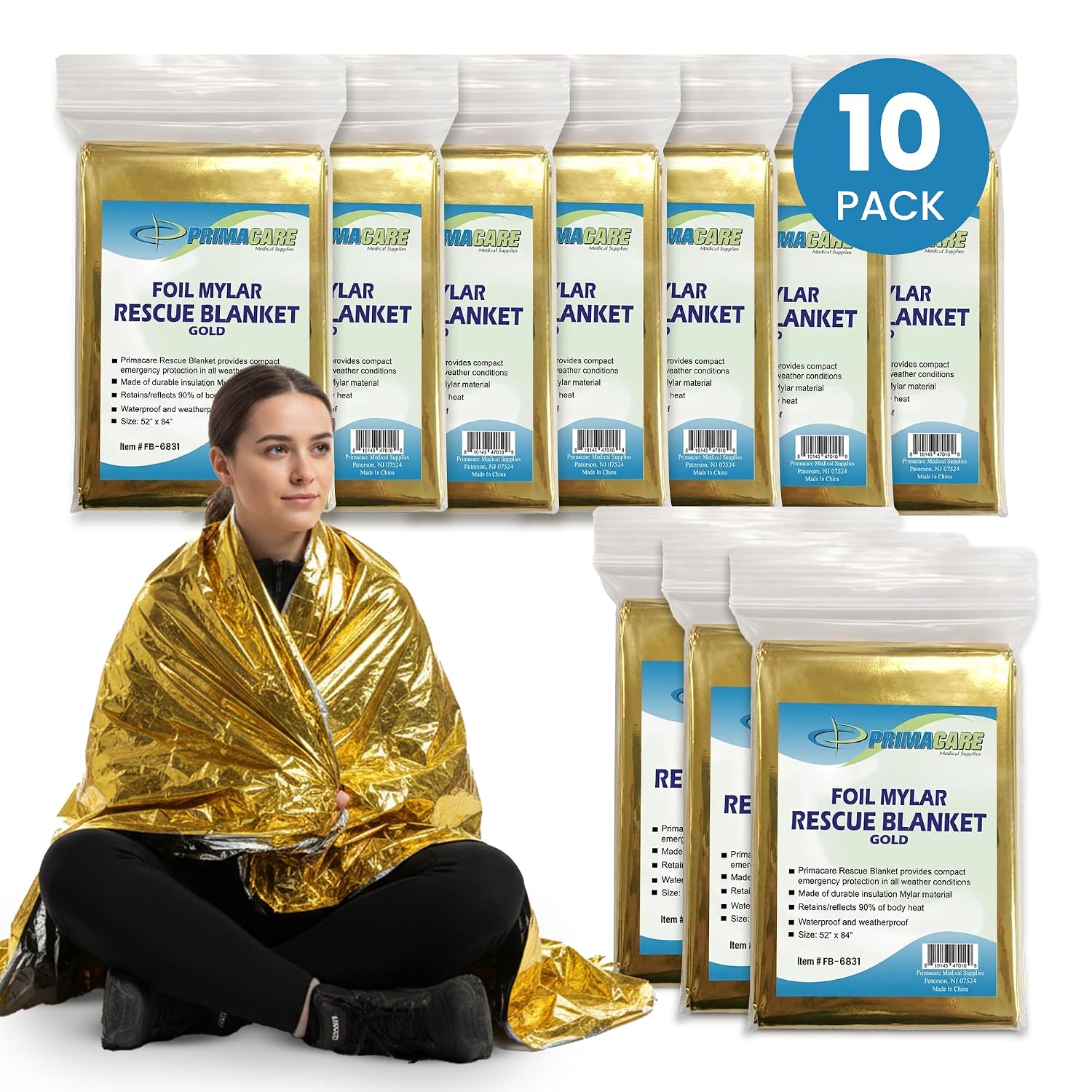 Primacare FB-6831 Emergency Mylar Thermal Blankets – 10 Pack, 62" x 82", Gold – Reflective, Waterproof, Retains 90% Body Heat – for Survival, First Aid, Outdoors, Camping, EMS