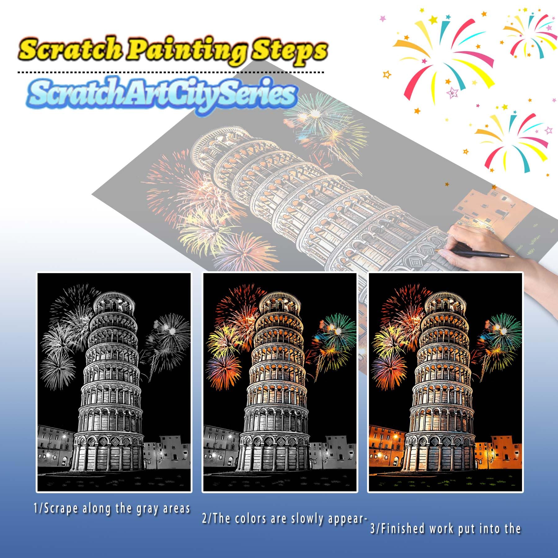 SiYear Scratch Art Painting Paper Set for Adults & Kids,Landmark Building City Series Night Scene,Scratchboard Creative Gift DIY Foil Engraving Crafts with 4 Tools (Europe Series-A3-8Pack) - Image 2