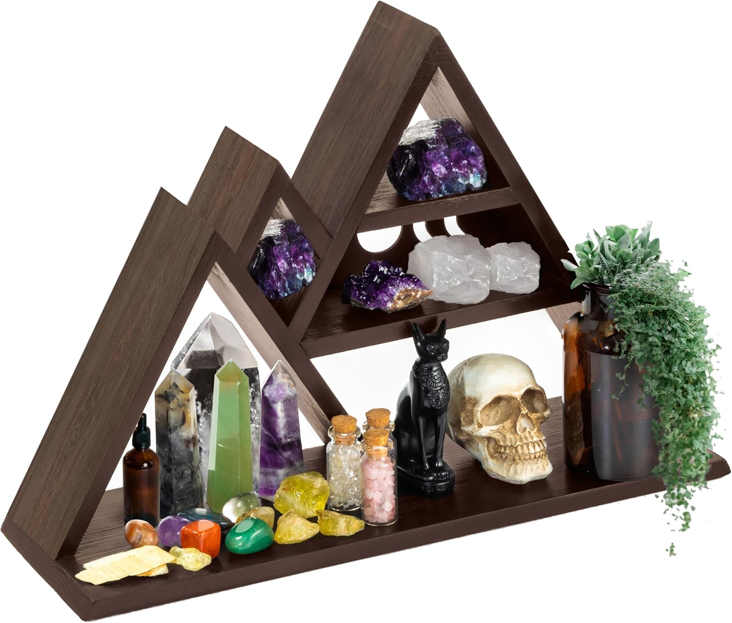 Crystal Display Shelf for Stones, Oils & More - Stylish Brown Crystal Shelf Display Holder - Mountain Shelf Home Witchy Room Decor & Moon Phase Design - Versatile Wall or Surface Placement