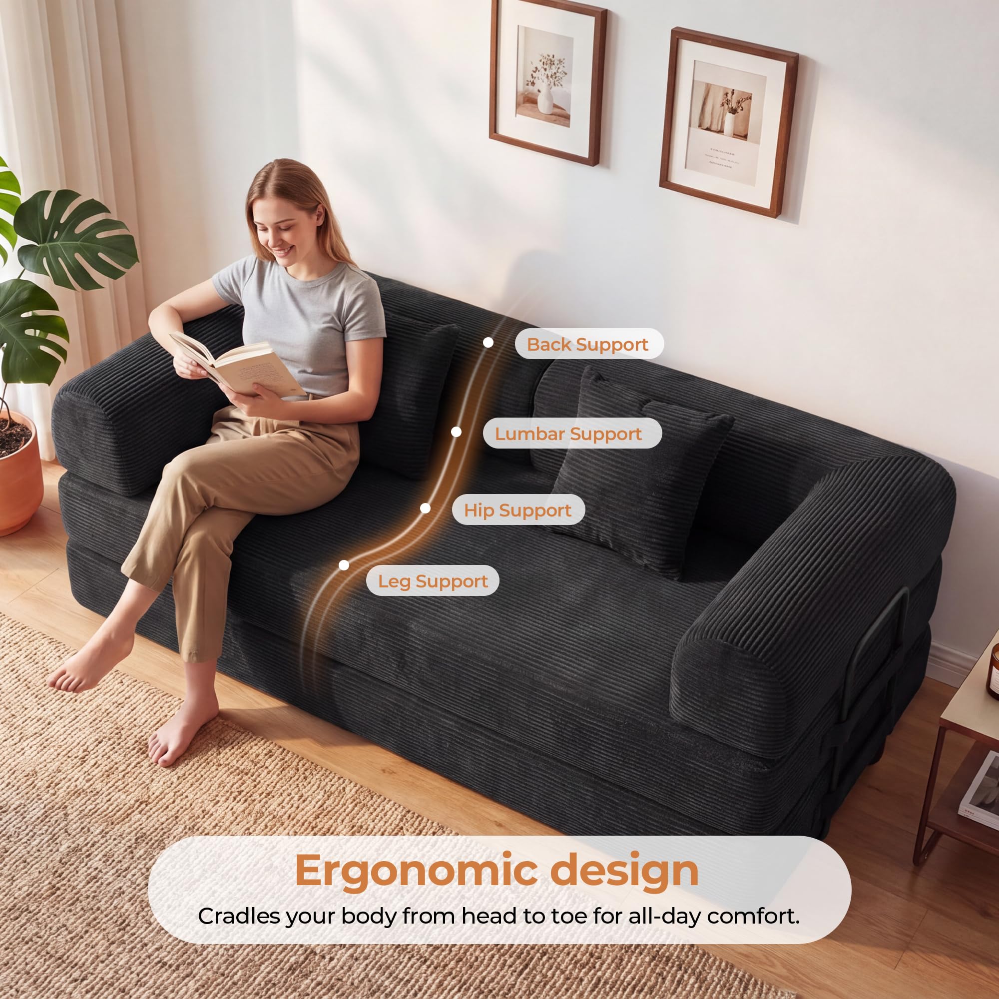 79" Convertible Futon Sofa Bed, Boneless Couch for Living Room | Corduroy Boneless Loveseat Sleeper Sofa, Modular Futon Couch with Fixed-Shape Frame, Pull Out Couch No Assembly | Black