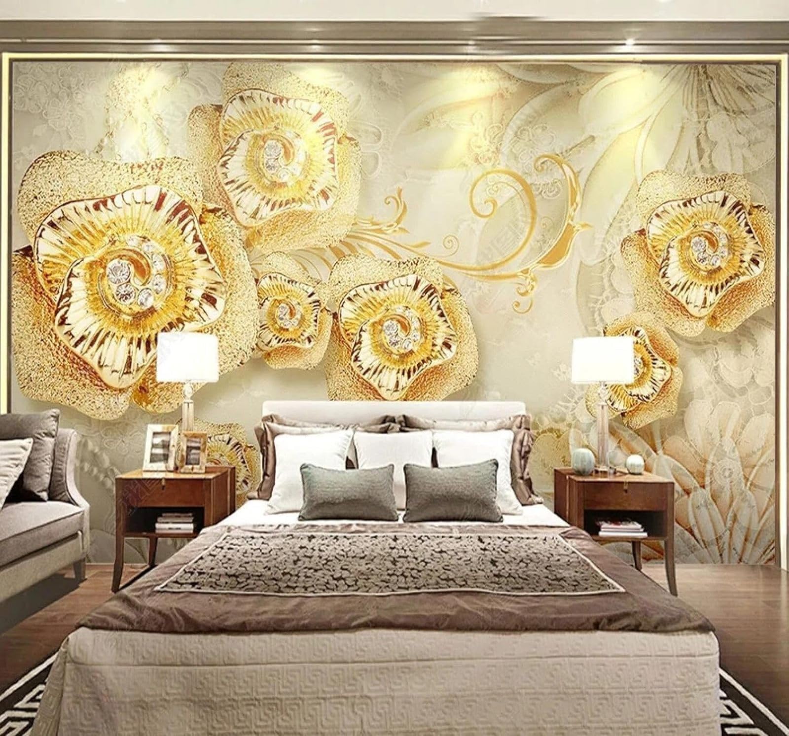 Xlming 350Cm×256Cm(B×H) Luxury Jewellery Diamonds Pearls Flowers 3D Wallpaper Luxury Silk Study Dining Feature Sofa Grey Bedroom Living Room Tv Decorative Wall-350Cm×256Cm