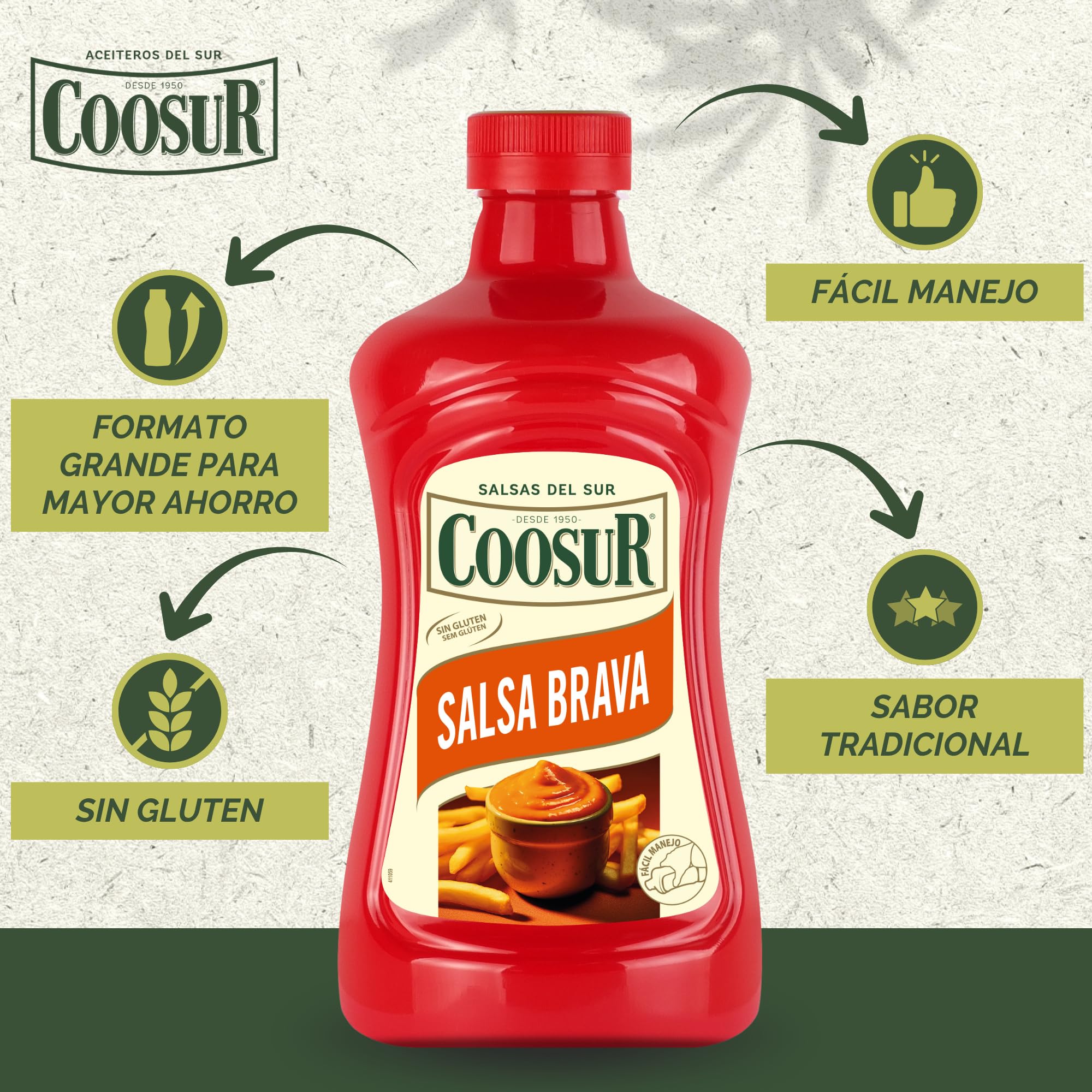 COOSUR Pack Salsa Brava Receta Tradicional Sin Gluten. 6 unidades de 1850 g. Salsa muy Versátil para Utilizar en Variedad de Platos. Formato Ahorro de fácil manejo.
