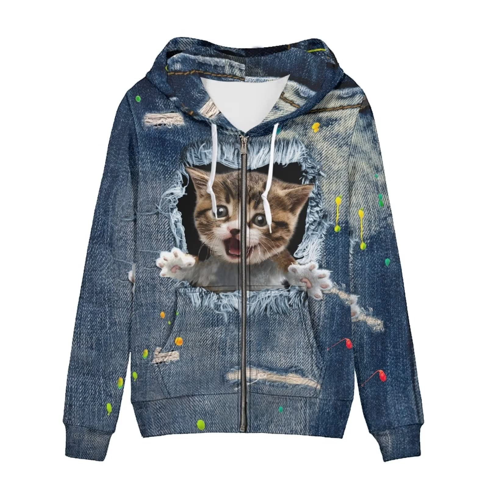 Bluza z zamkiem błyskawicznym z kieszenią na co dzień bluzy ze sznurkiem dla kobiet, bluzy z długim rękawem rozmiar XS-5XL, Kociak dżinsowy, XXL