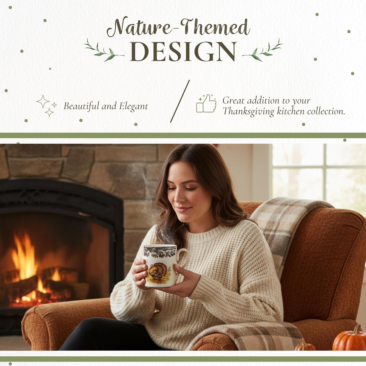 Spode Woodland Turkey 16 oz Mug - Fine Porcelain with Historic Brown Floral Border, Thanksgiving Drinkware for Hot Beverages - Microwave, Oven & Freezer Safe, British Country-Inspired Design