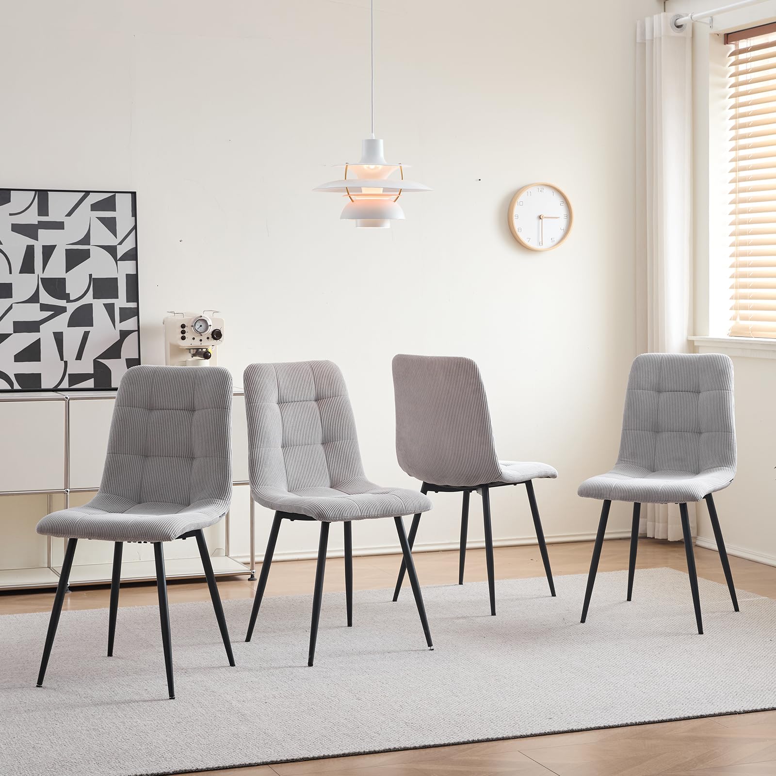 Esstisch- und Stuhlset, 4 Cord mit Hoher Rückenlehne und EIN 100 cm Langer Moderner Runder Esstisch, Geeignet für Küchen, Esszimmer und Wohnzimmer-Schwarze Tischbeine + Hellgrau