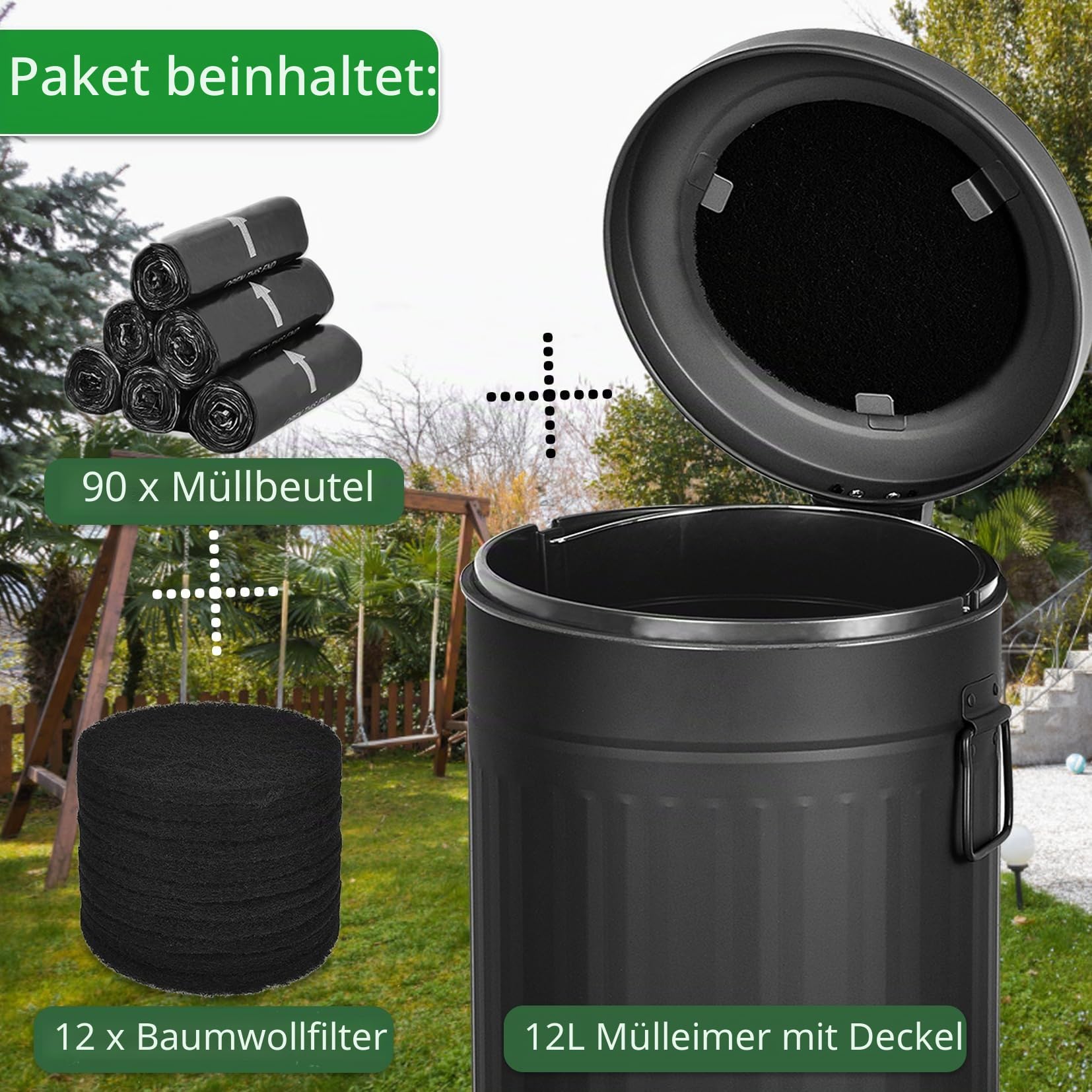 Hundekot-Mülleimer mit Deckel für draußen, 12 l Mülleimer mit Aktivkohlefilter und Plastiktüten, Haustierabfallbehälter,UP12L-BK-Y+90BK,DE