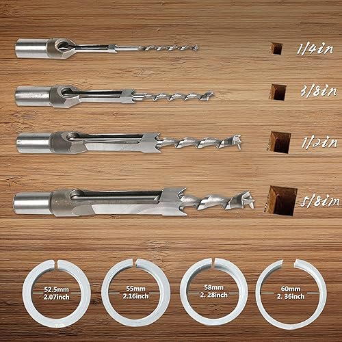 Miniatura 5 de Accesorio de mortaja para prensa de taladro, juego de cinceles de agujero cuadrado de 4 modelos, herramientas de mortaja y espiga, kit de accesorios