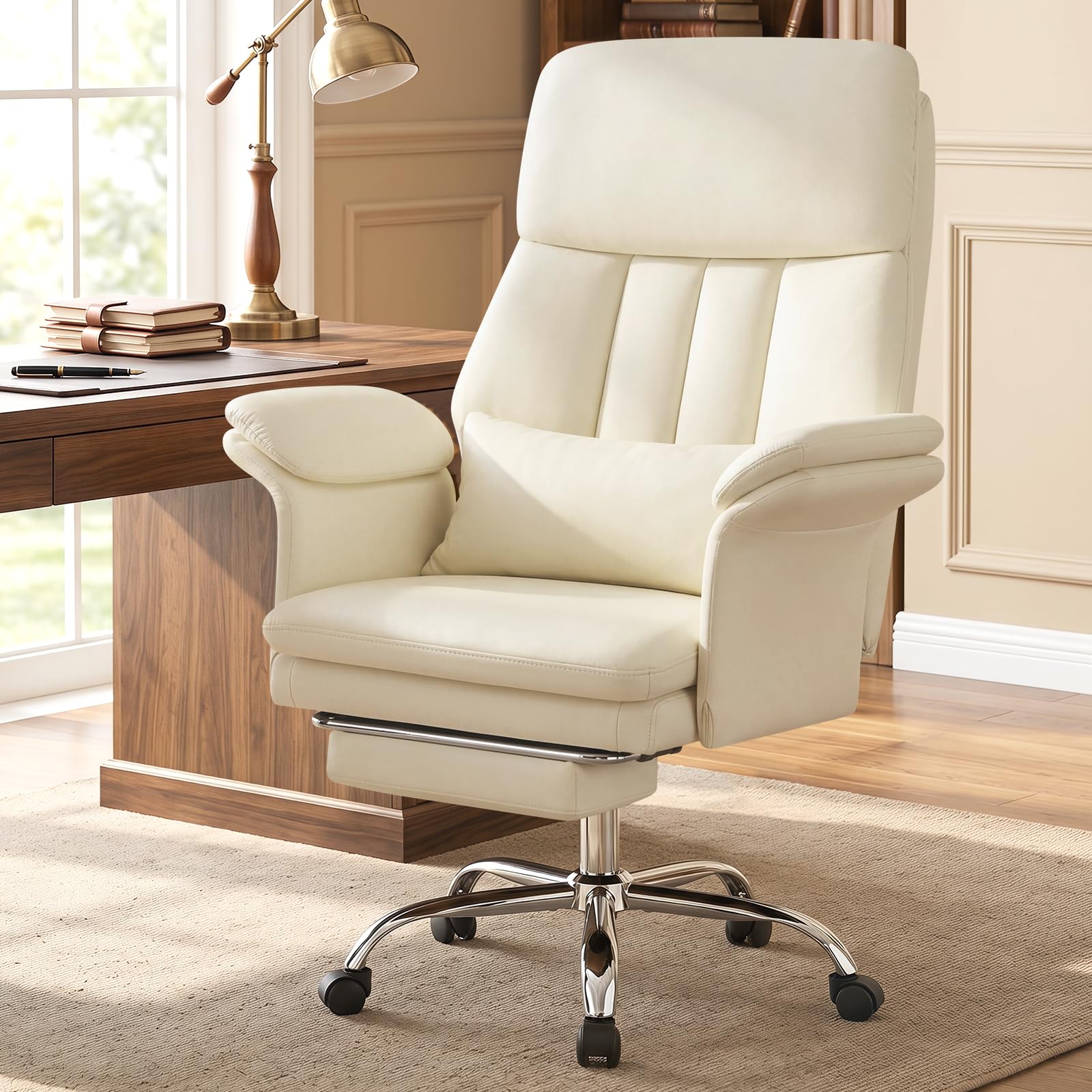 Home Office Chair with Footrest 400lbs, High Back Rolling Desk Chair with Lumbar Support Soft Armrests, Excutive Office Chairs with Wheels Height Adjustable Rocking Swivel Functions,Beige