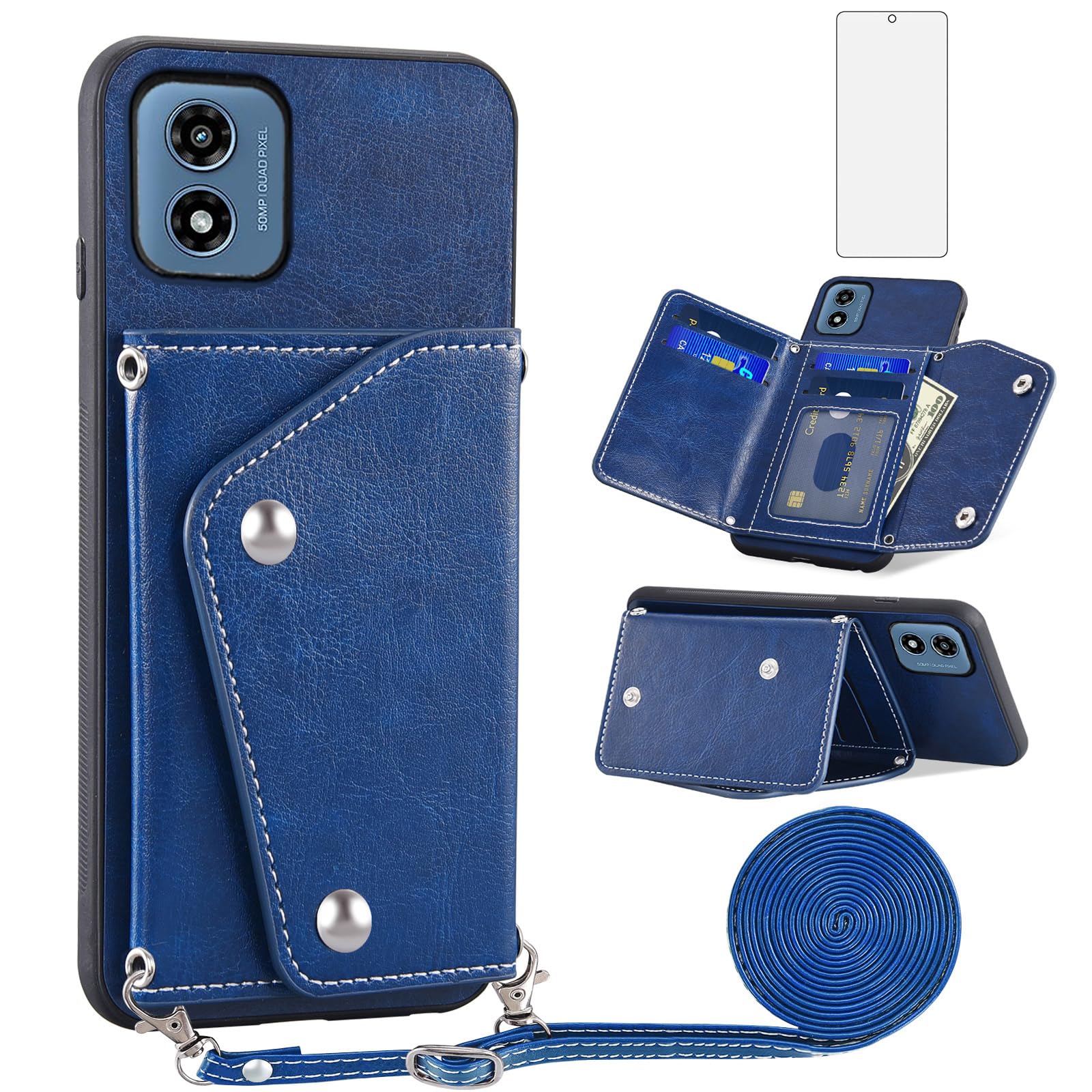 Asuwish Phone Case for Motorola Moto G Play 2024 4G Wallet Cover with Tempered Glass Screen Protector Credit Card Holder Crossbody Strap Stand Leather