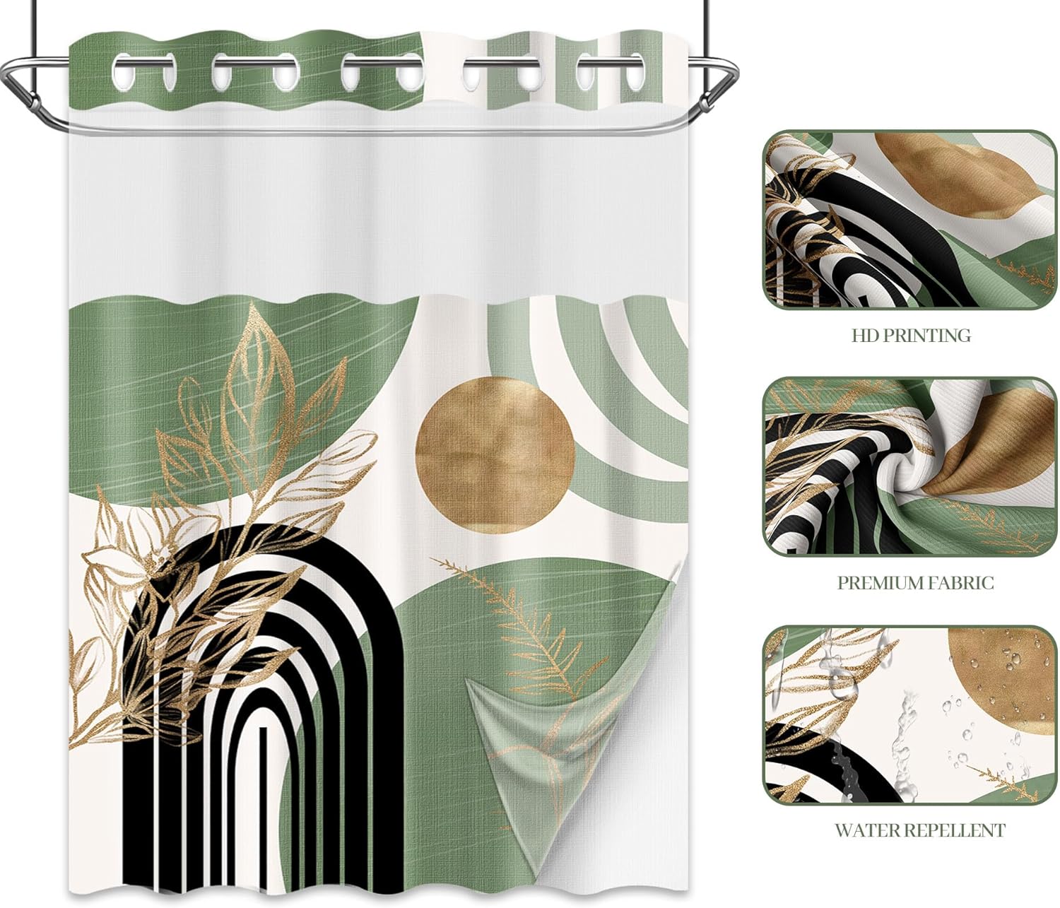 Sage Green Hookless Shower Curtain with Snap in Liner, Boho Mid Century Black and Light Green No Hook Double Layer Shower Curtains and Liner Set, Waterproof Cloth Fabric，60" W X 74" L