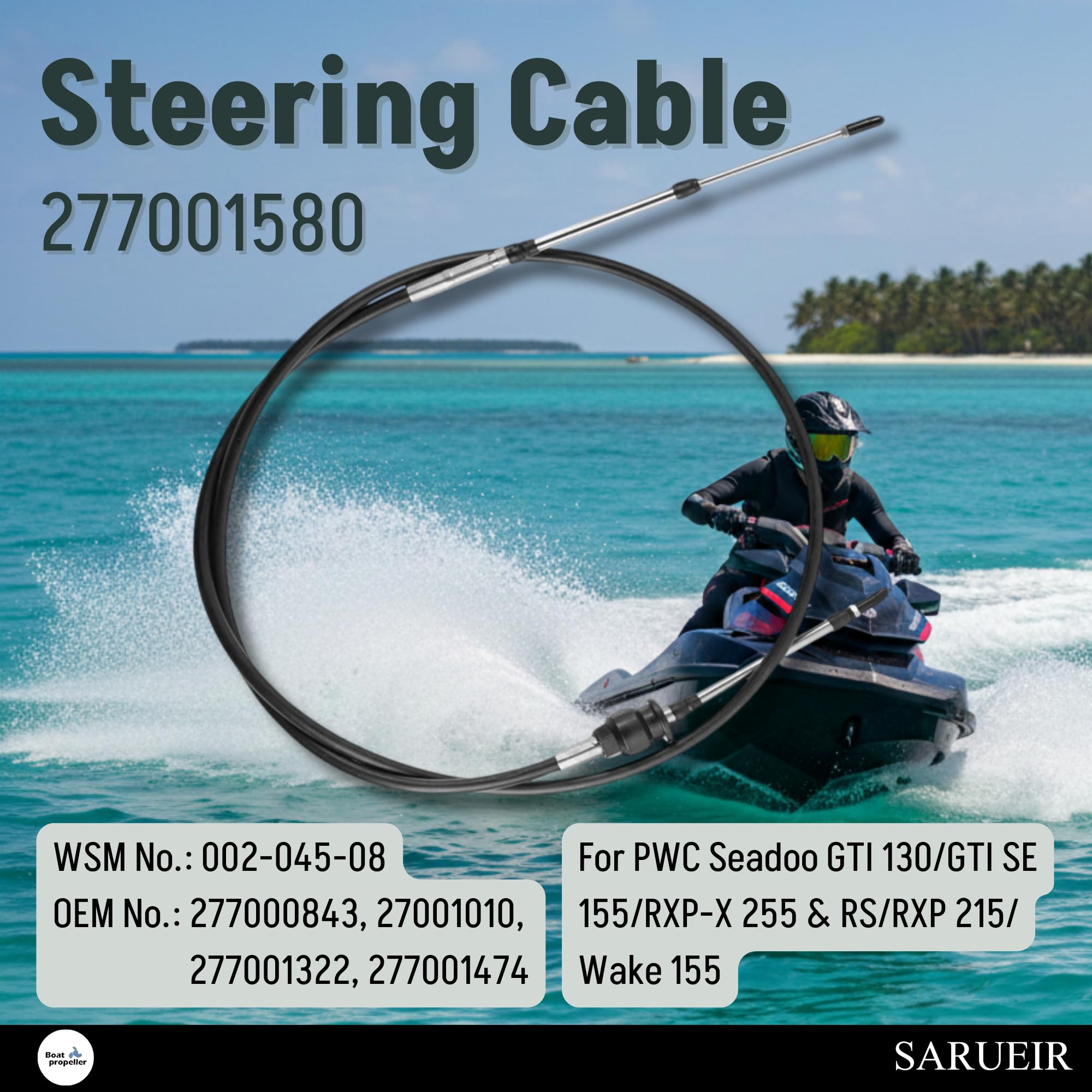 Cable de dirección 277001580 compatible con PWC SEADOO GTI 130/GTI SE 155/RXP-X 255 y RS/RXP 215/Wake 155 (longitud total alrededor de 221 cm)