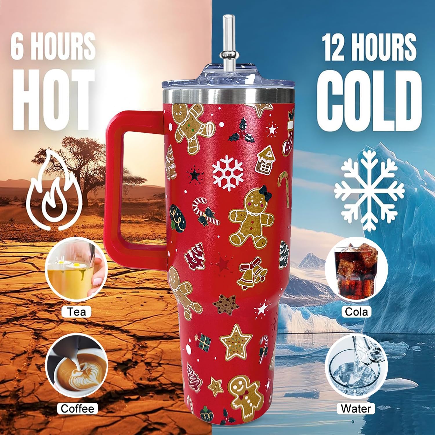 40 oz Christmas Gingerbread Tumbler With Handle Lid and Straw,5D Red Xmas Print Stainless Steel Insulated Travel Mug Christmas Coffee Cup Gifts for Men Women - Image 4