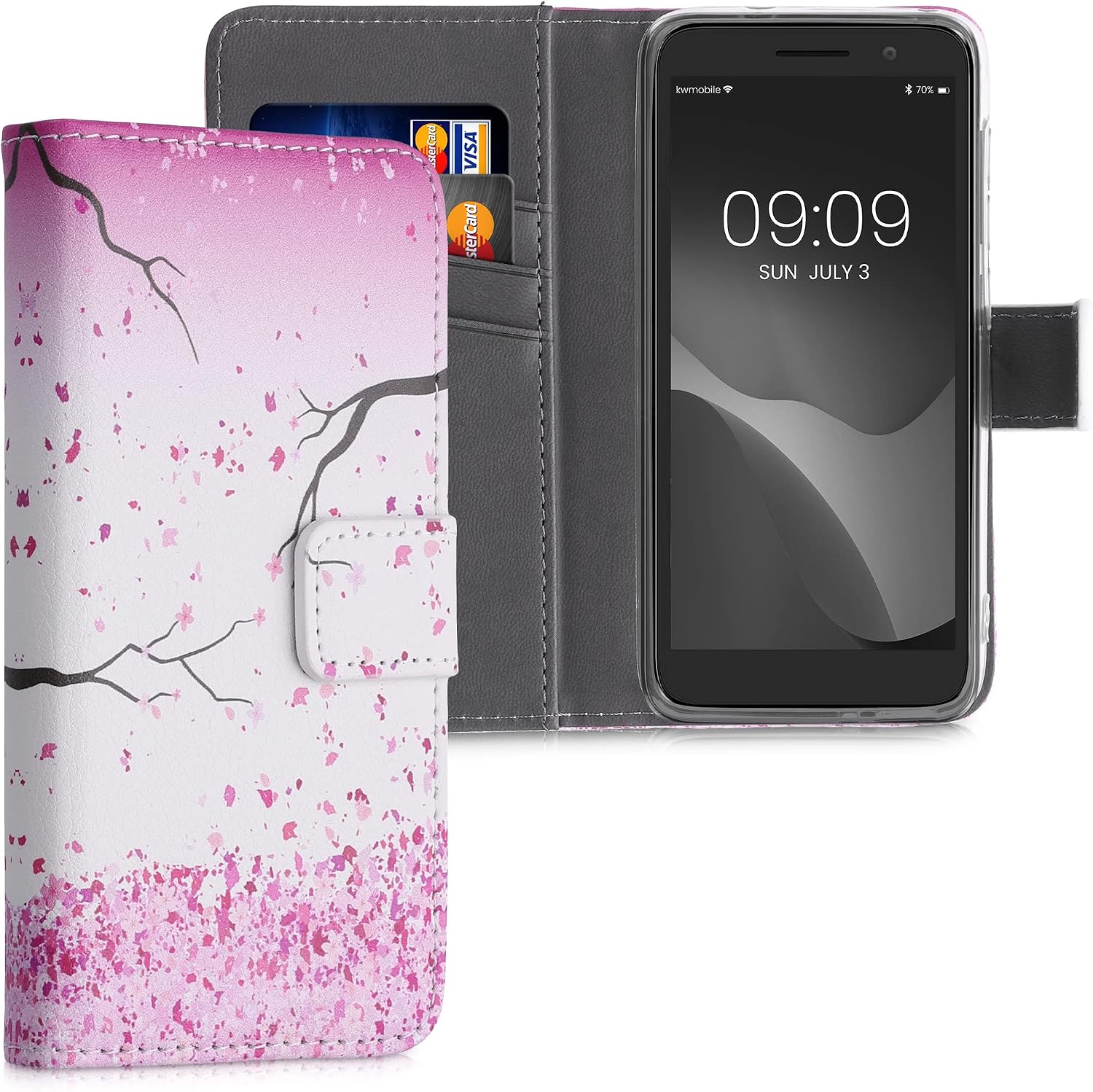 kwmobile Wallet Case Compatible with Alcatel 1 (5.0") Case for Phone - Cherry Blossoms Pink/Dark Brown/White