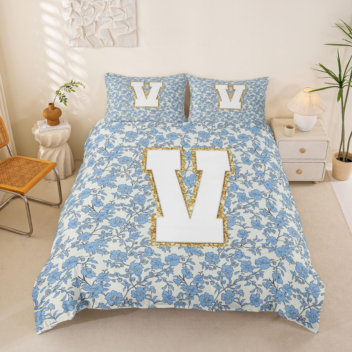 Housse de couette romantique fleurs bleues au design monogrammé haut de gamme