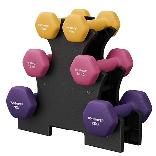 SONGMICS Hantel-Set, 3 Paar, 1kg-3kg,9kg oder 12kg, Aufbewahrung, Fitnessstudio, Krafttraining, rutschfeste Neopren-Beschichtung - 9kg,gelb + rosa + lila