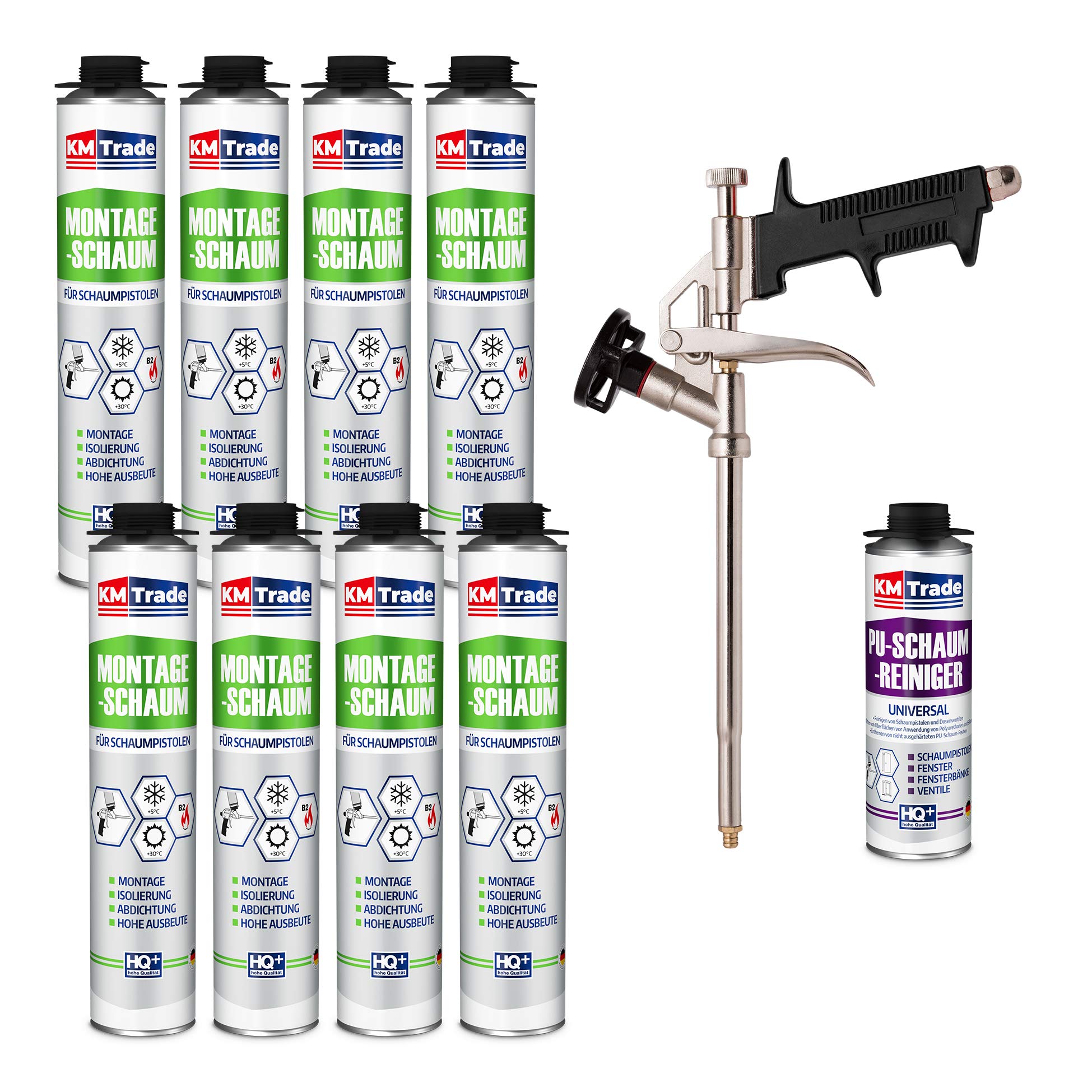 Bauschaum-Set - Inkl. 8x 1K Montageschaum (je 750 ml), 1x Schaum-Pistole & 1x PU-Schaum-Reiniger (500 ml)