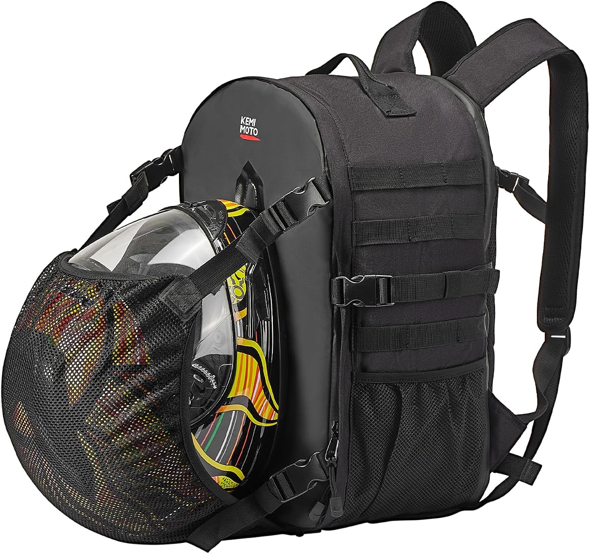 KEMIMOTO Mochila para casco de motocicleta, bolsa de almacenamiento de 35 litros con red oculta expandible para casco integral, regalo para hombres y viajes diarios