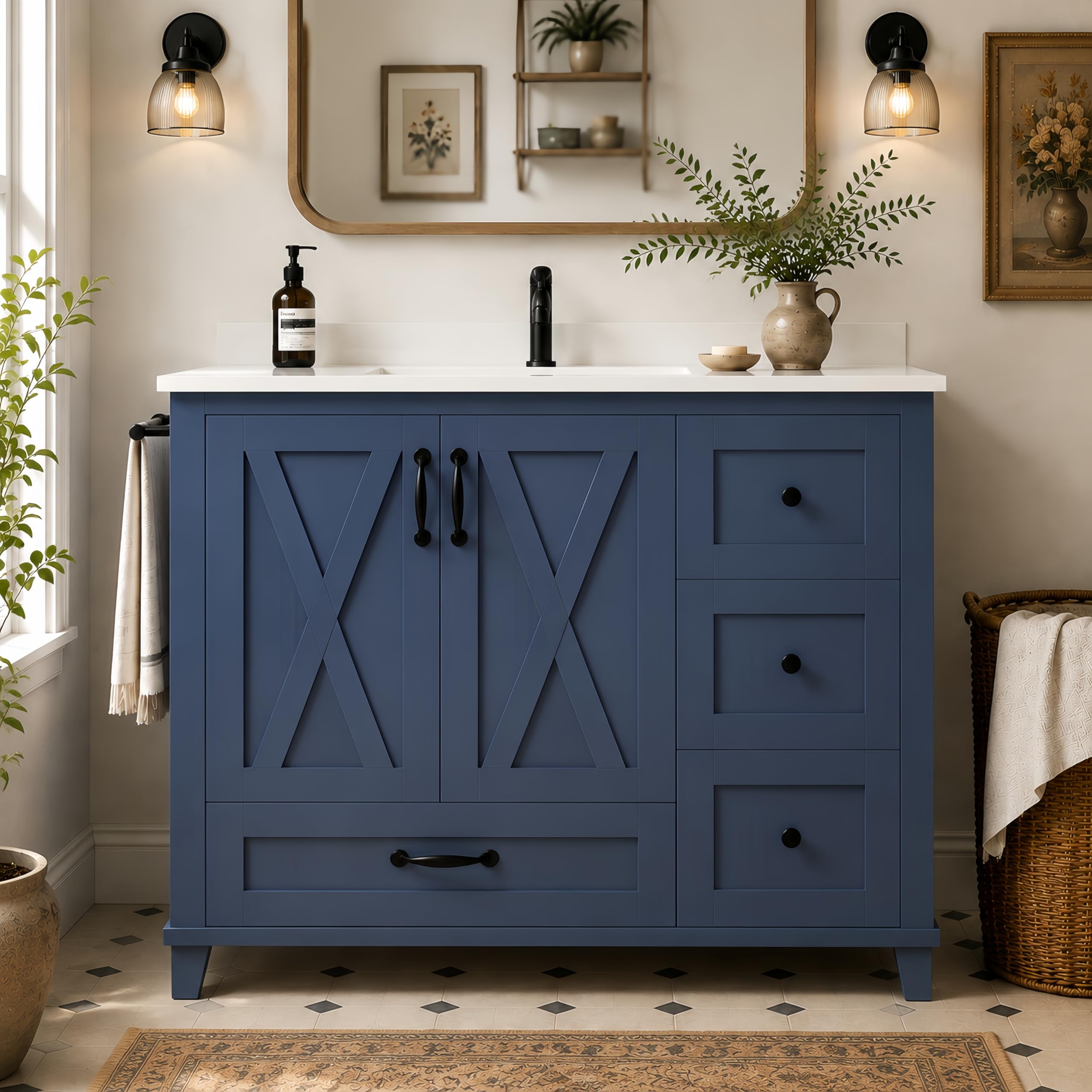 Mobile da bagno moderno da 91,4 cm con lavello in ceramica, 3 cassetti e 2 ante, mobiletto compatto autoportante con ripiano regolabile e barra portasciugamani reversibile