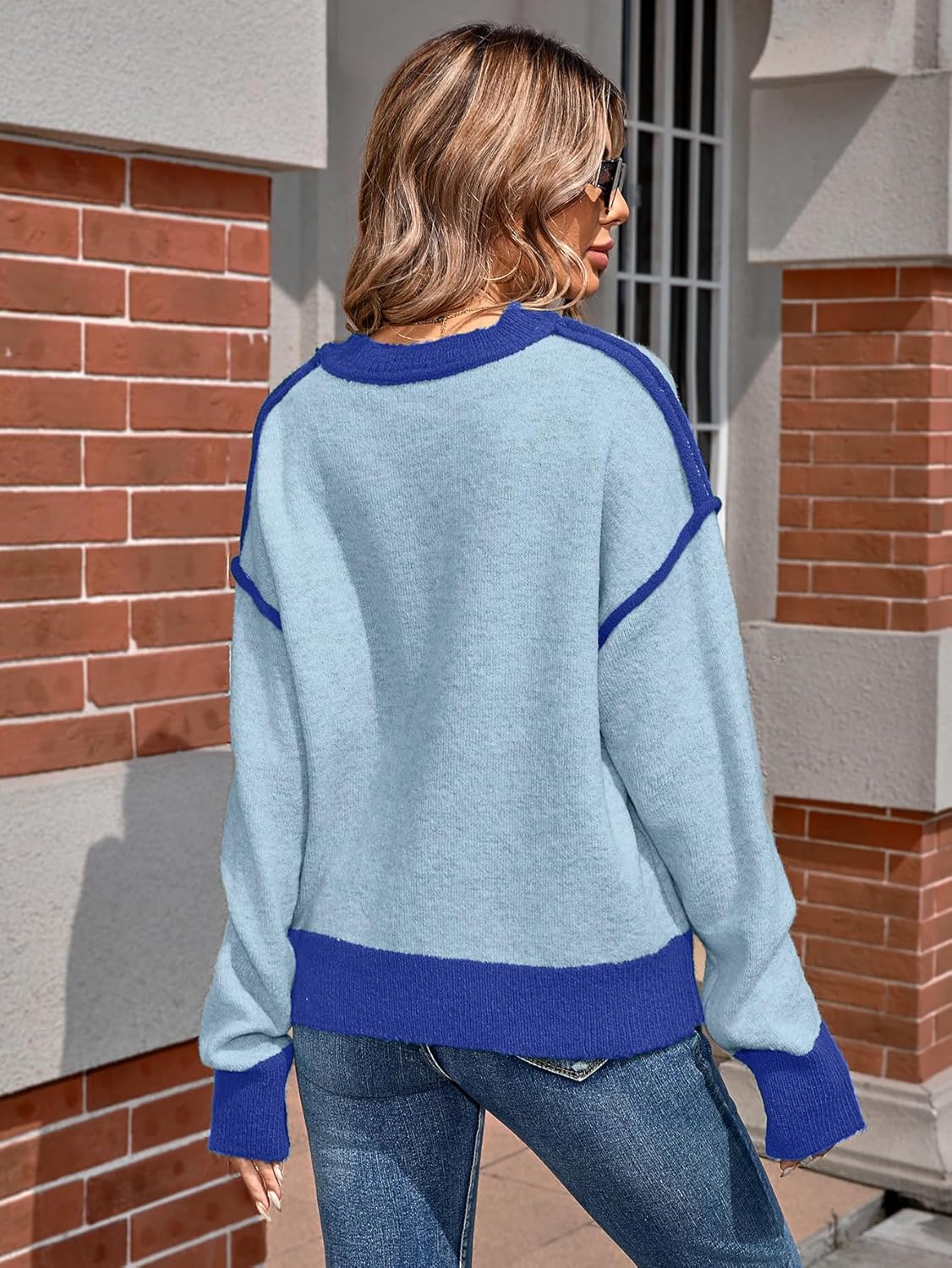 SunnyMelody Womens Oversized Cute Color Block Crew Neck Sweater 2025 Winter Long Sleeve Trendy Ribbed Knit Pullover Sweaters - Image 3