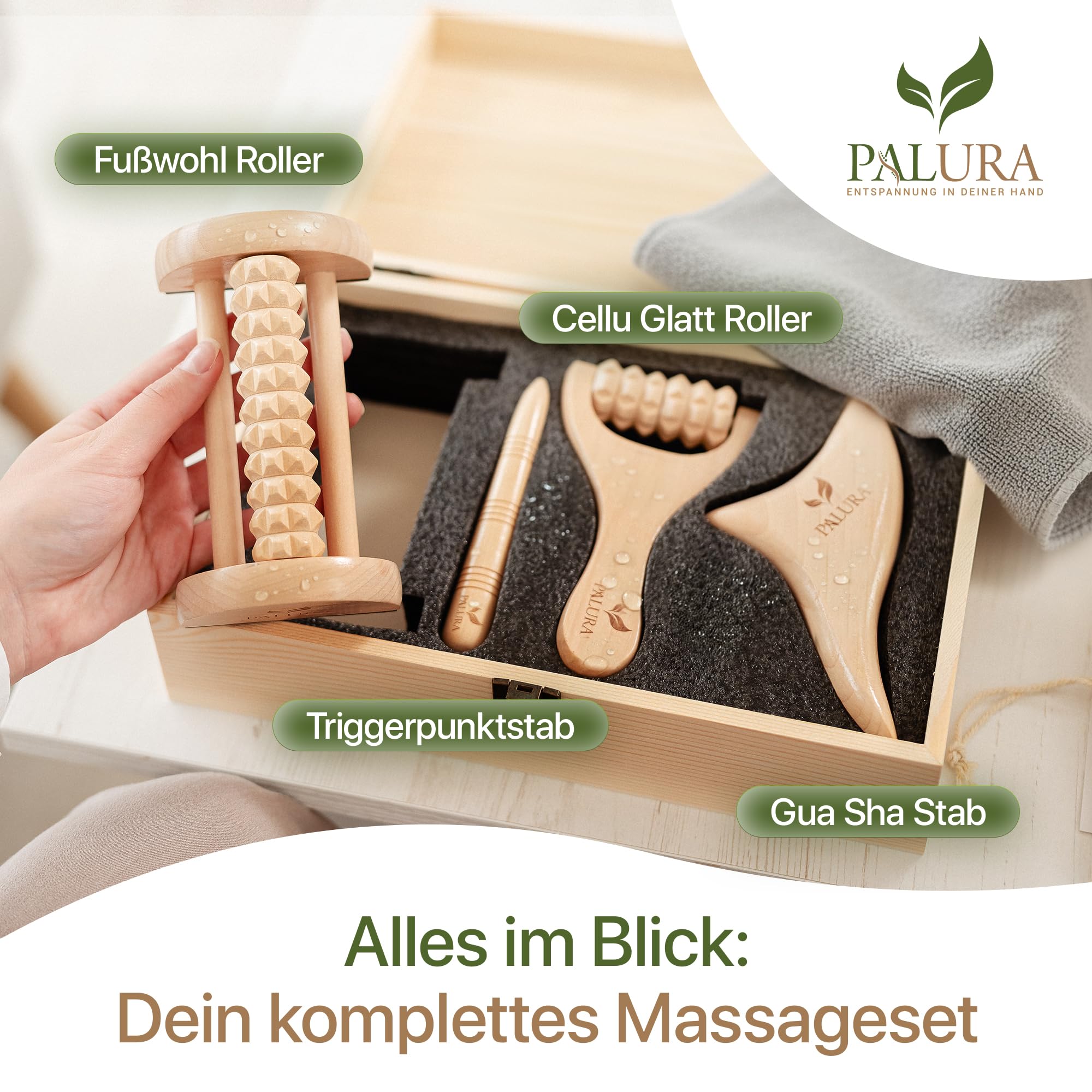 Massageroller Holz Set – Faszienrolle – Massage Tool für Arme, Beine und Nacken – Anti Cellulite Roller - Physiotherapie Praxis Zubehör - Frauen Geschenke