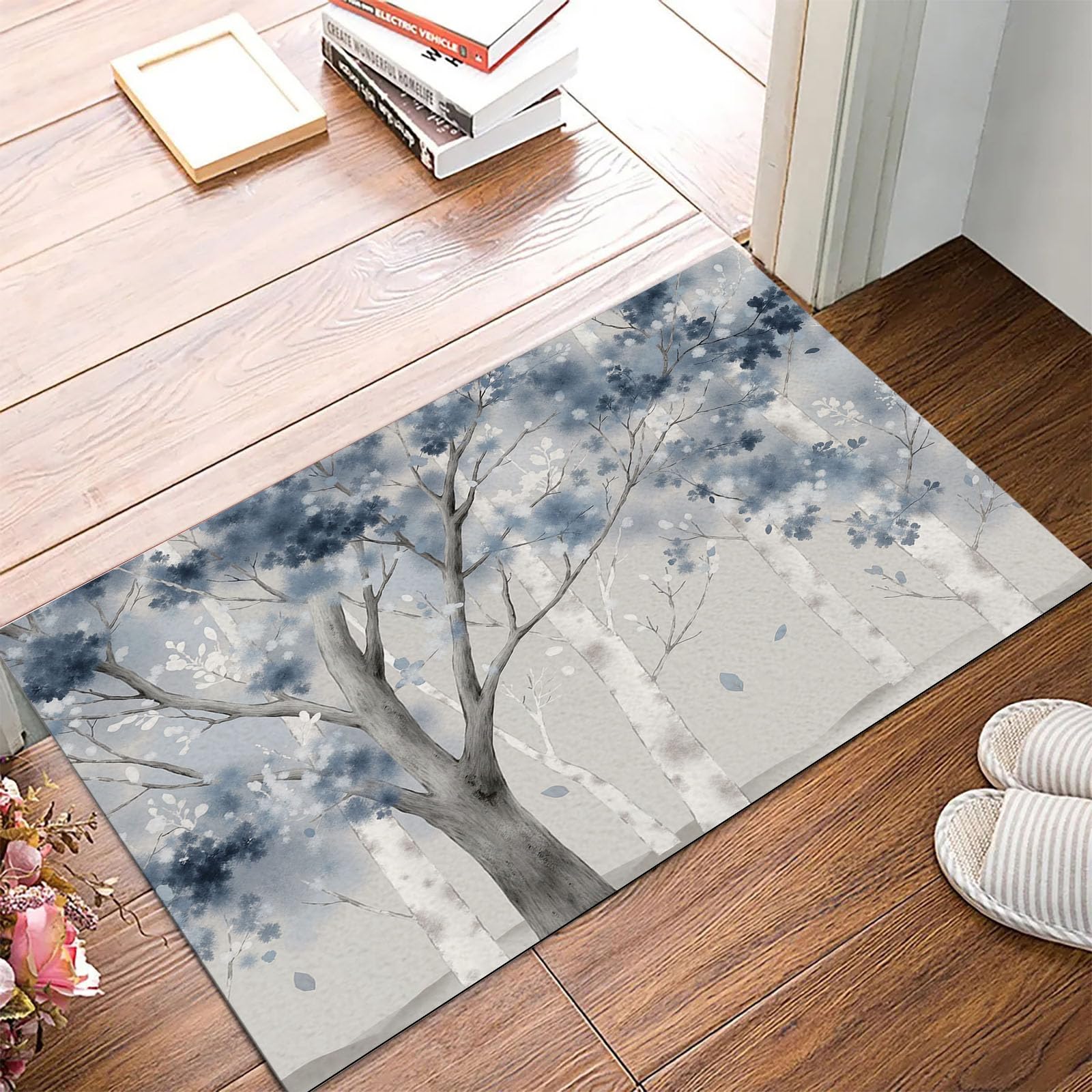Tapis de sol antidérapant et imperméable, paillasson forêt bleu brumeux facile à nettoyer