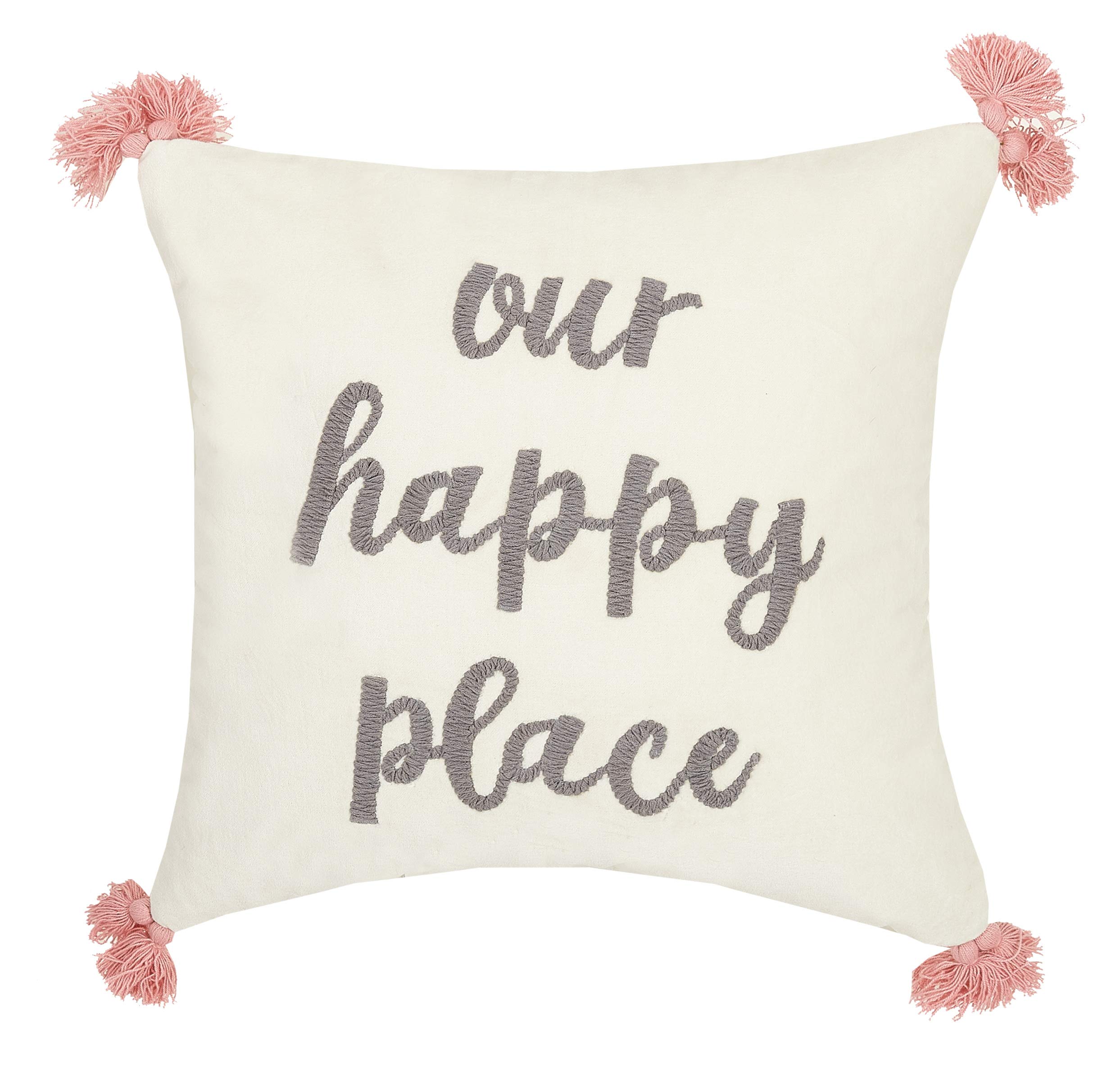 Peking Handicraft Our Happy Place Tassels, 18x18 Embroidered Pillow Grey