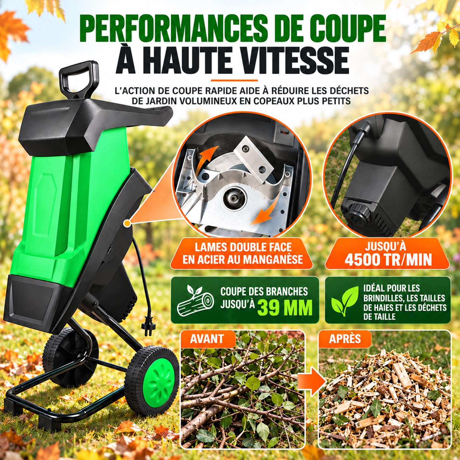 Broyeur De Végétaux Électrique 2400W avec Sac 50L