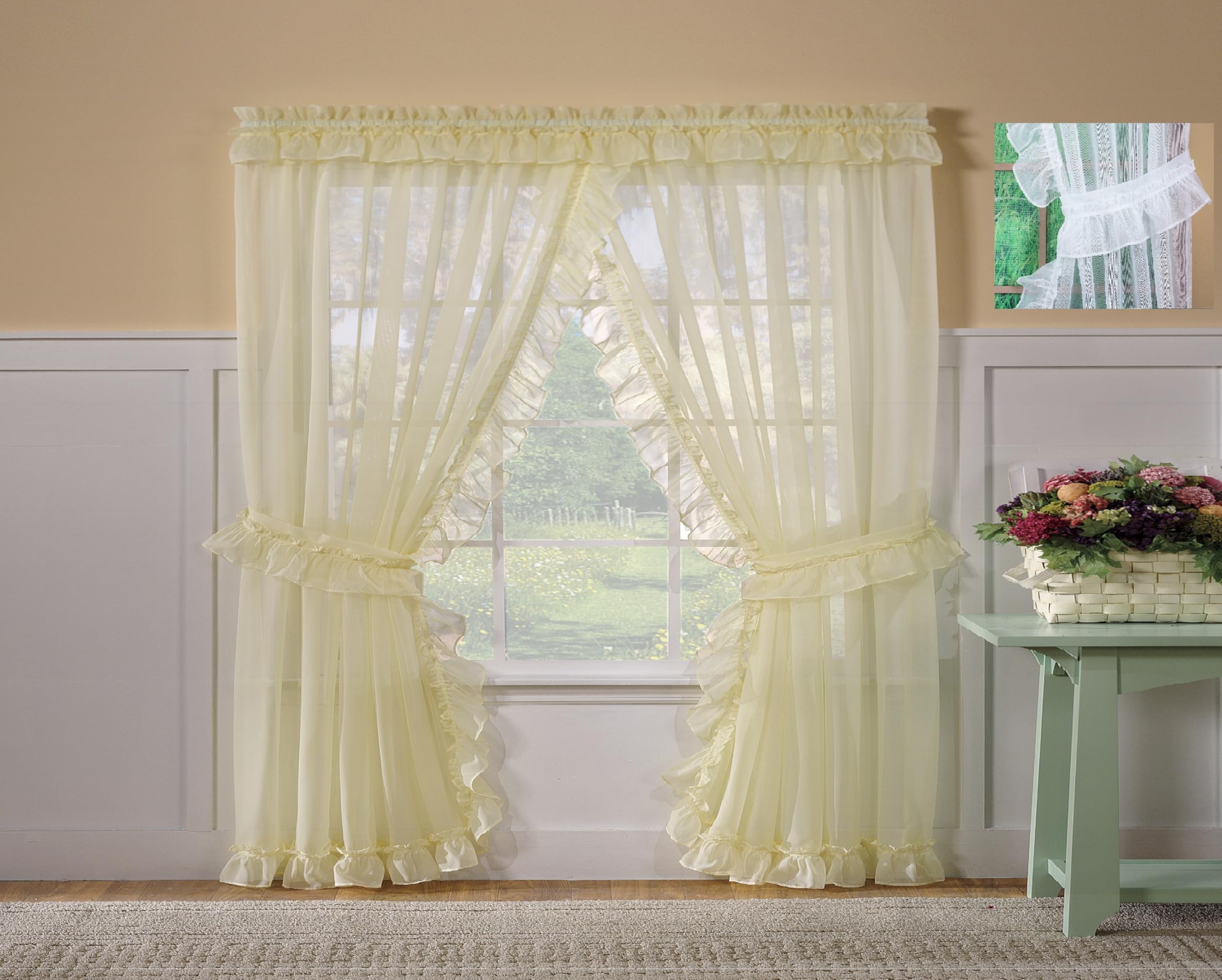 Today's Curtain, Emelia Priscilla Sheer Pair 96" W x 84" L, White, 5-Piece-Set