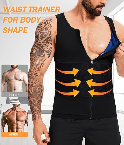 Miniatura 4 de Chaleco de sauna para hombre para entrenamiento de cintura, camisa de sauna para hombre, con cremallera, cinturón de sudor, camiseta sin mangas para