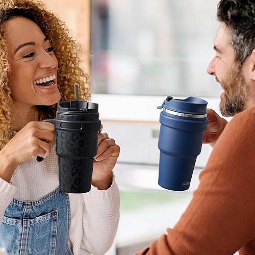Miniatura 7 de ALOUFEA Taza de café aislada de 20 onzas con asa, vaso de viaje de acero inoxidable con tapa y pajilla, taza térmica de doble pared al vacío a