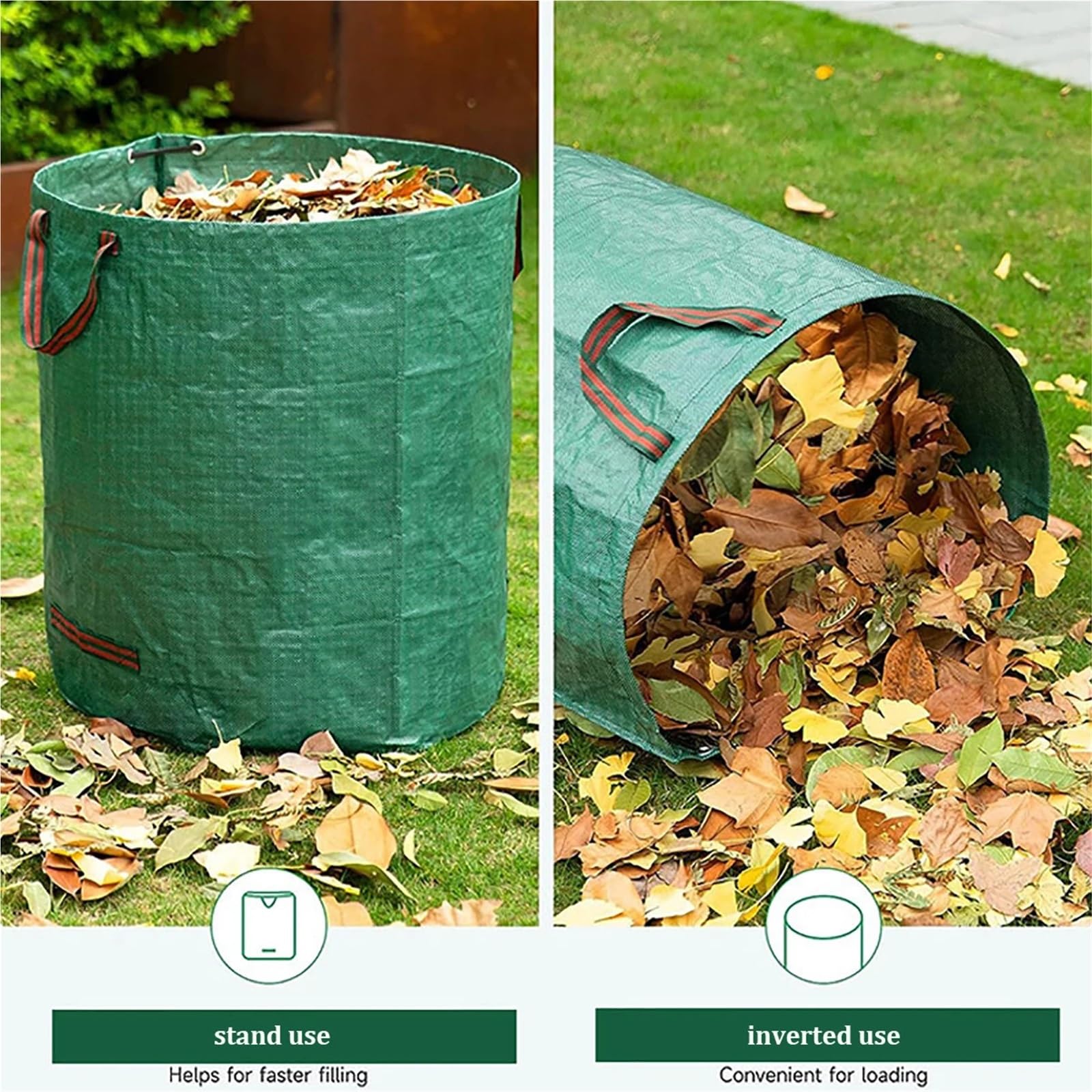 2 Stück 32/72 Gallonen Gartenabfallsack, große Kapazität, Laubkorbsack mit Griff, wiederverwendbar/zusammenklappbar, Rasenmüllsack Für Grünschnitt Laub(272L)