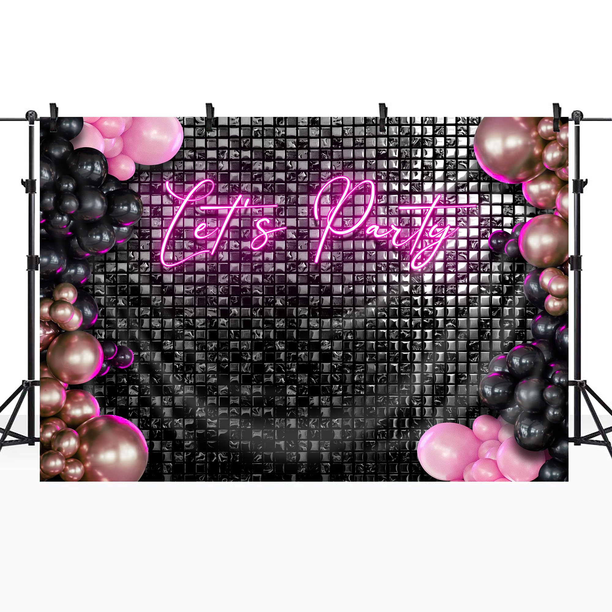 Riyidecor Let's Party Backdrop Modern Disco 80s Black Neon Pink Plaid Checkered Balloons Fashion Shinning Groovy 7Wx5H Feet Girls Photography Background Birthday Photo Studio Shoot Polyester Fabric