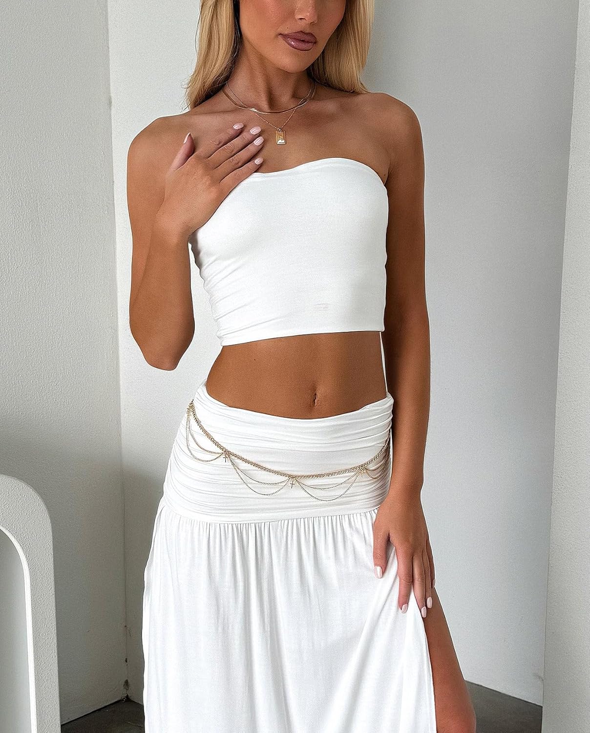 Two Piece Skirt Set for Women - 2 PC Summer Beach Vacation Outfits Going Out Strapless Tube Crop Tops Boho Maxi Skirts Sets - Image 2