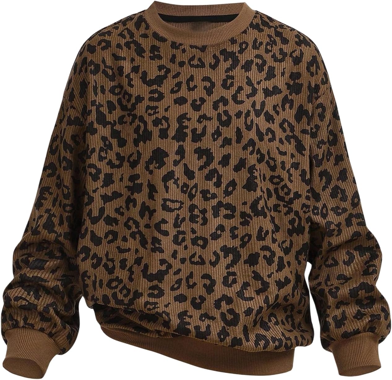 Girl's Leopard Sweatshirts Crewneck Long Sleeve Ribbed Knit Pullover Tops Y2K Fall Outfits