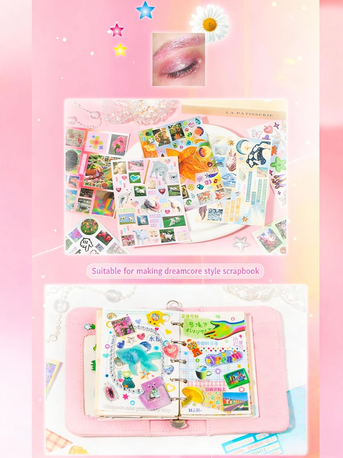 45 Sheets Y2K Dreamcore Japanese Korean Aesthetic Sticker Book, 990+Pcs Heisei Retro Stickers for Adults, Scrapbooking Junk Journal DIY Crafts Trendy Gifts (Pink Moss)