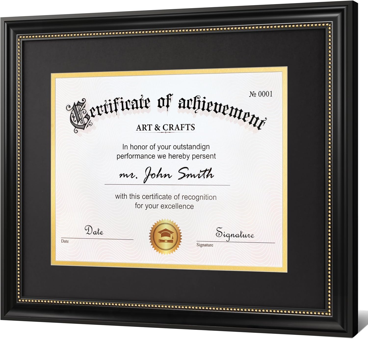 Yaetm 11x14 Diploma Frame with Mat or Display 15x18 Certificate without Mat, High Definition Tempered Glass, Acid-free Black Matt, Black with Gold Beads, Degree Frame for Graduation, 1 Pack
