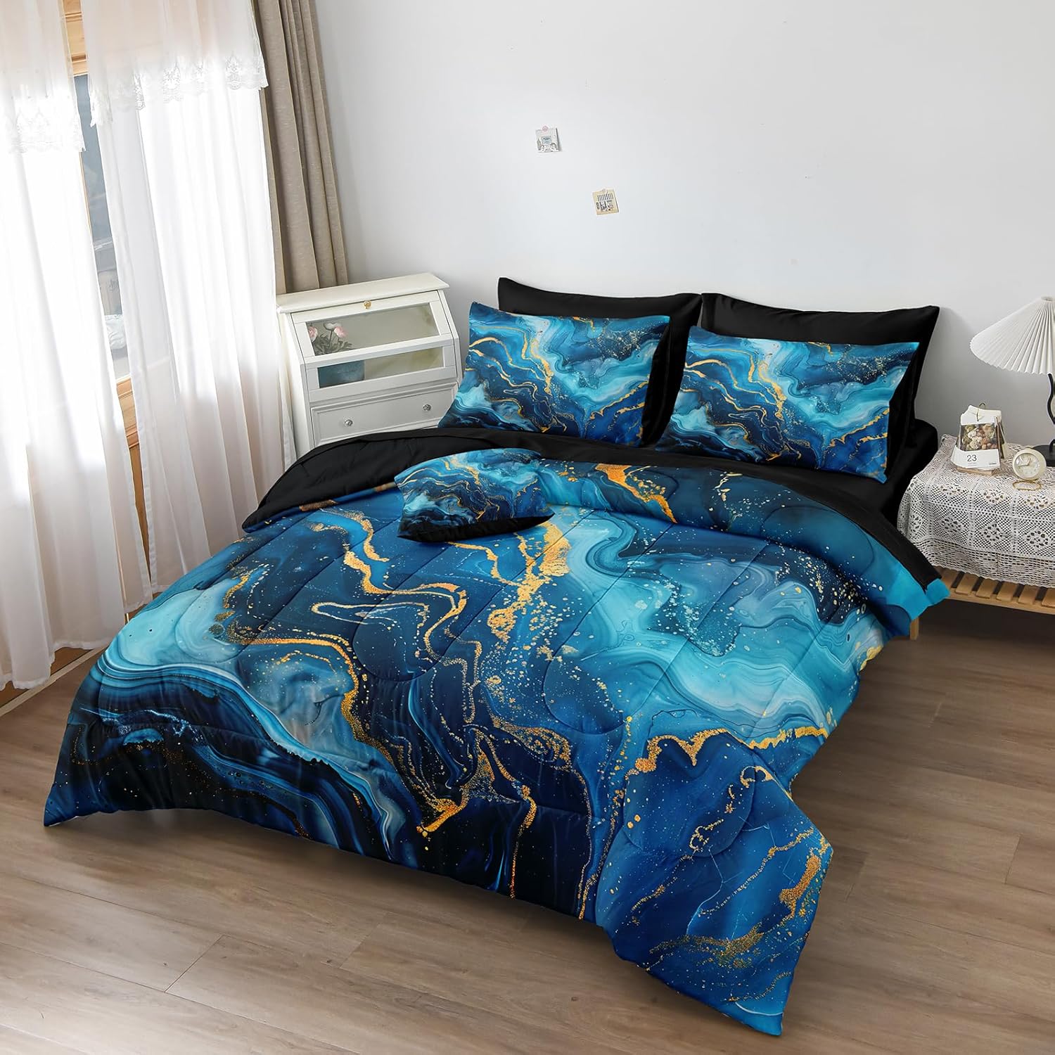 Merryword Blue Gold Marble Comforter Set Queen Size 8 Pcs Bed in a Bag Aesthetic Marble Comforter Set Blue Gold Metallic Bedding Set for All Seasons - Image 2