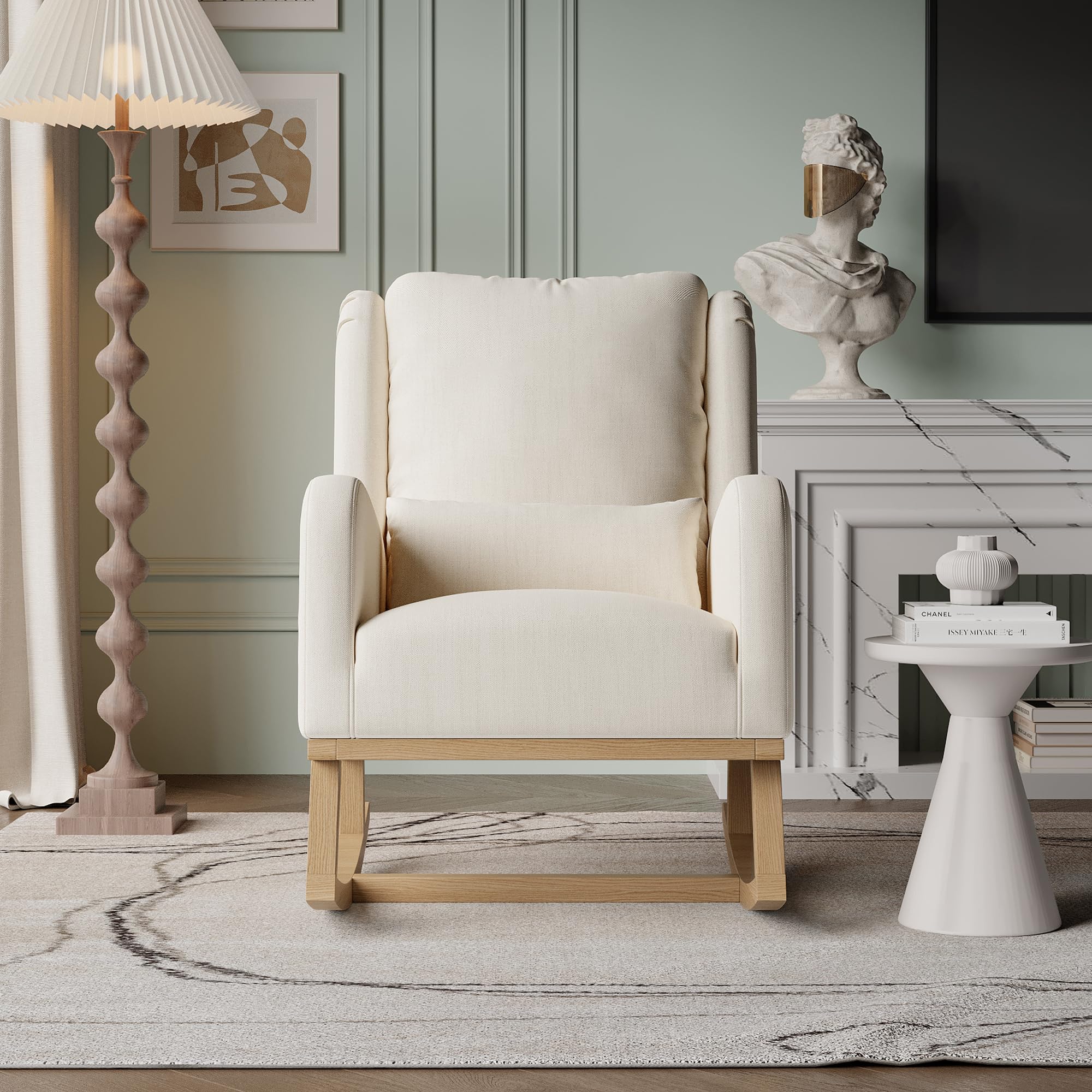 BRILVERDE Mecedora de lino, mecedora con base de madera, respaldo y bolsillos laterales, sillón relax para salón, color beige