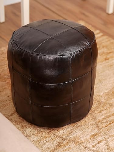 Miniatura 4 de Puf de cuero geométrico ecológico hecho a mano, color negro, redondo, 16 x 16 x 16 pulgadas, puf de cuero para sala de estar, dormitorio, patio