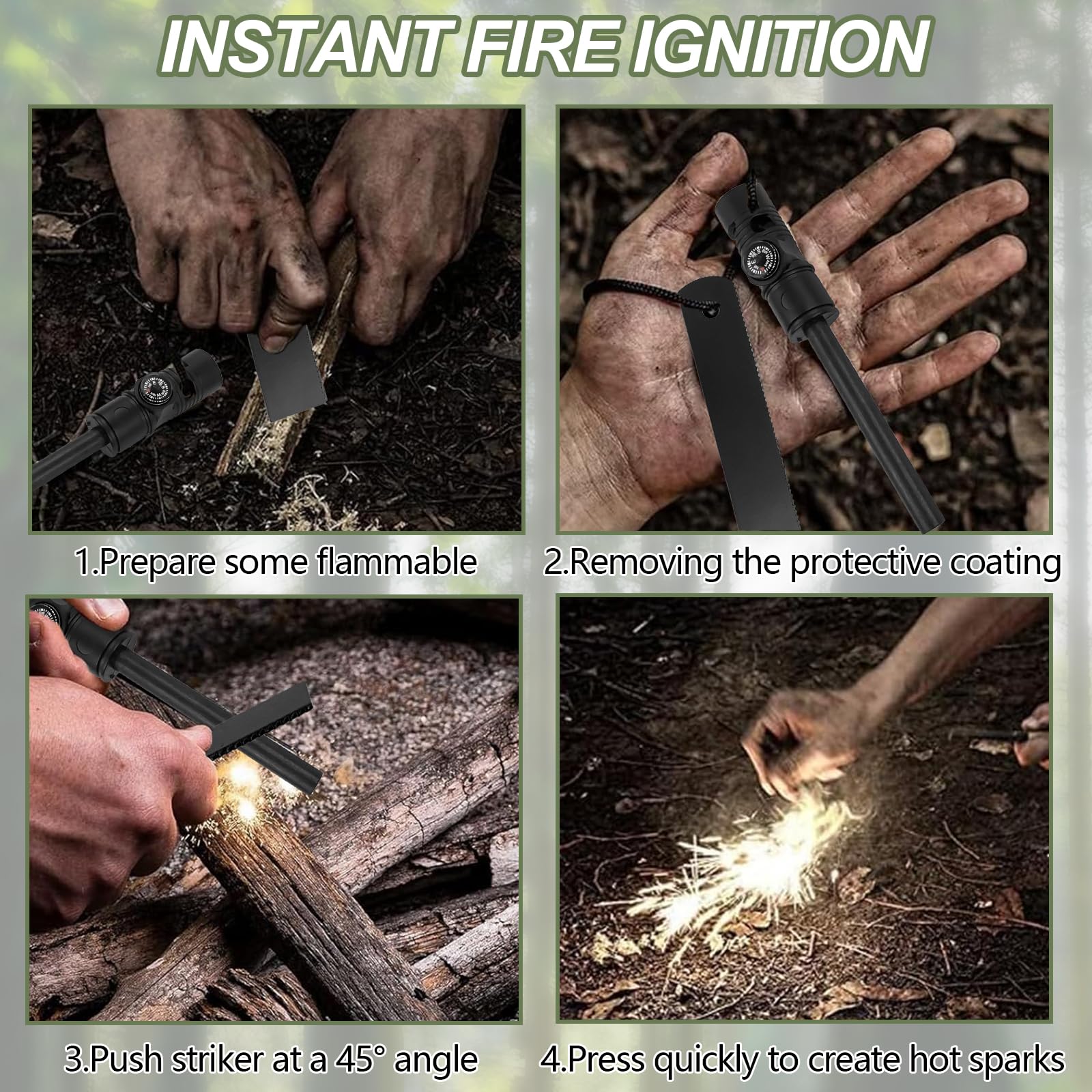 Set di 2 Pietra Focaia di Sopravvivenza, Acciarino di Fuoco Sopravvivenza, Selce per Fuoco, con Paracord di qualità Oltre, Raschietto per Campeggio Trekking Escursioni