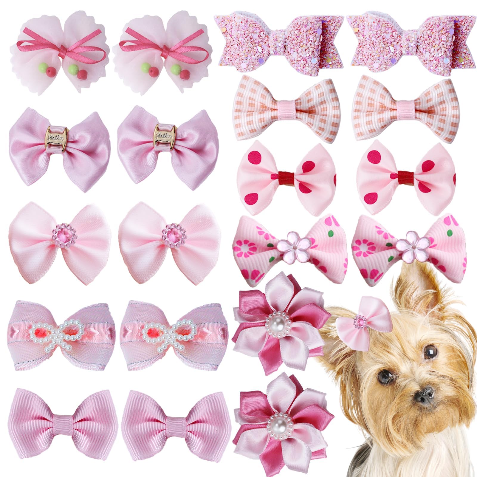 IAXSEE 20pcs Light Pink Small Puppy Dog Hair Bows with Rubber Bands, Flower Ball Bowknot Rhinestone Pearls Hair Ties Mix Style for Dog Hair Accessories