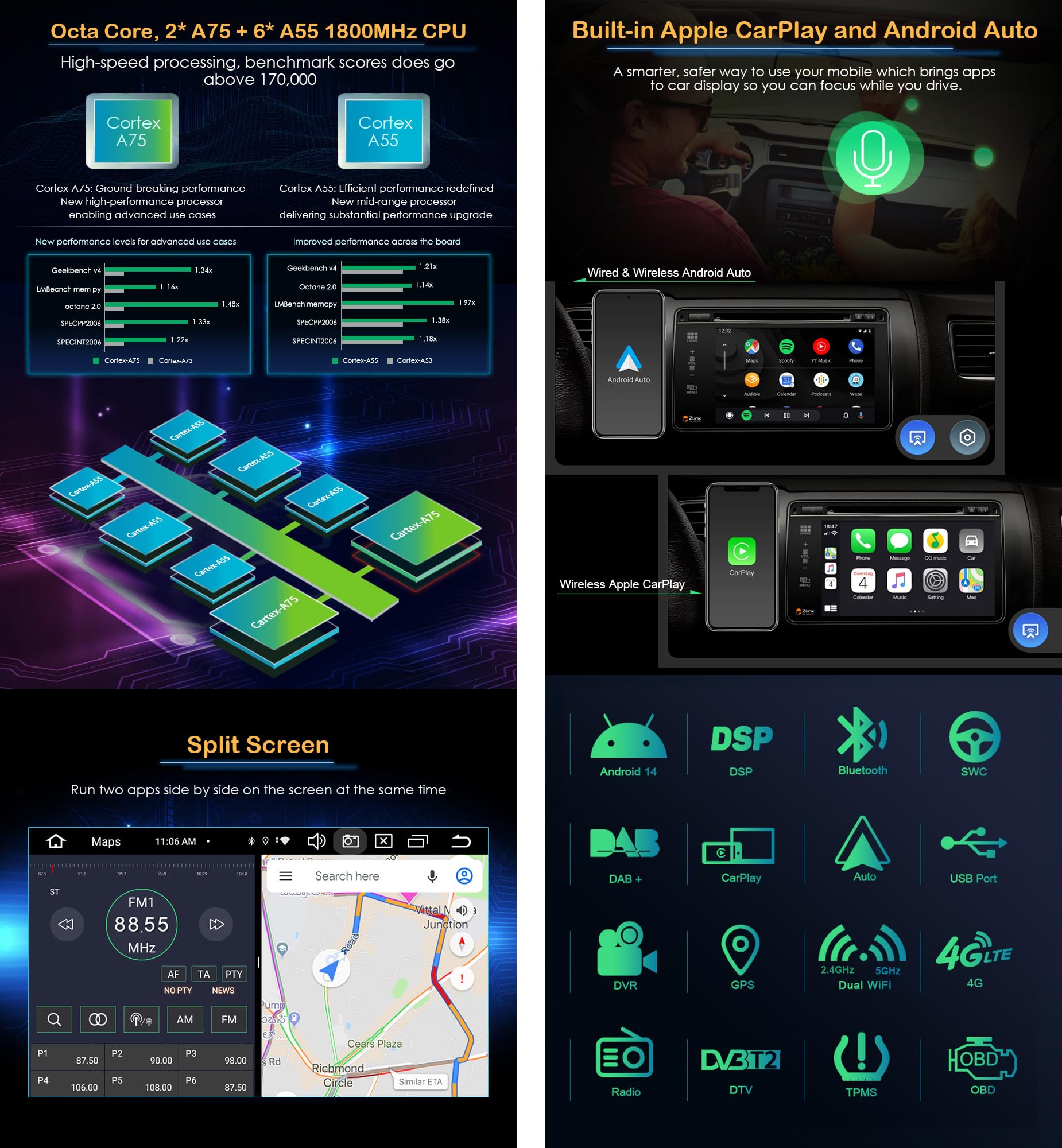 Erisin 8-Core Android 14 GPS Navegación Estéreo de Automóvil para Jeep Compass Grand Cherokee Patriot Chrysler 300C Dodge Journey Avenger Soporte CarPlay Android Auto Bluetooth 5.0 WiFi Dab+ 4GB+64GB